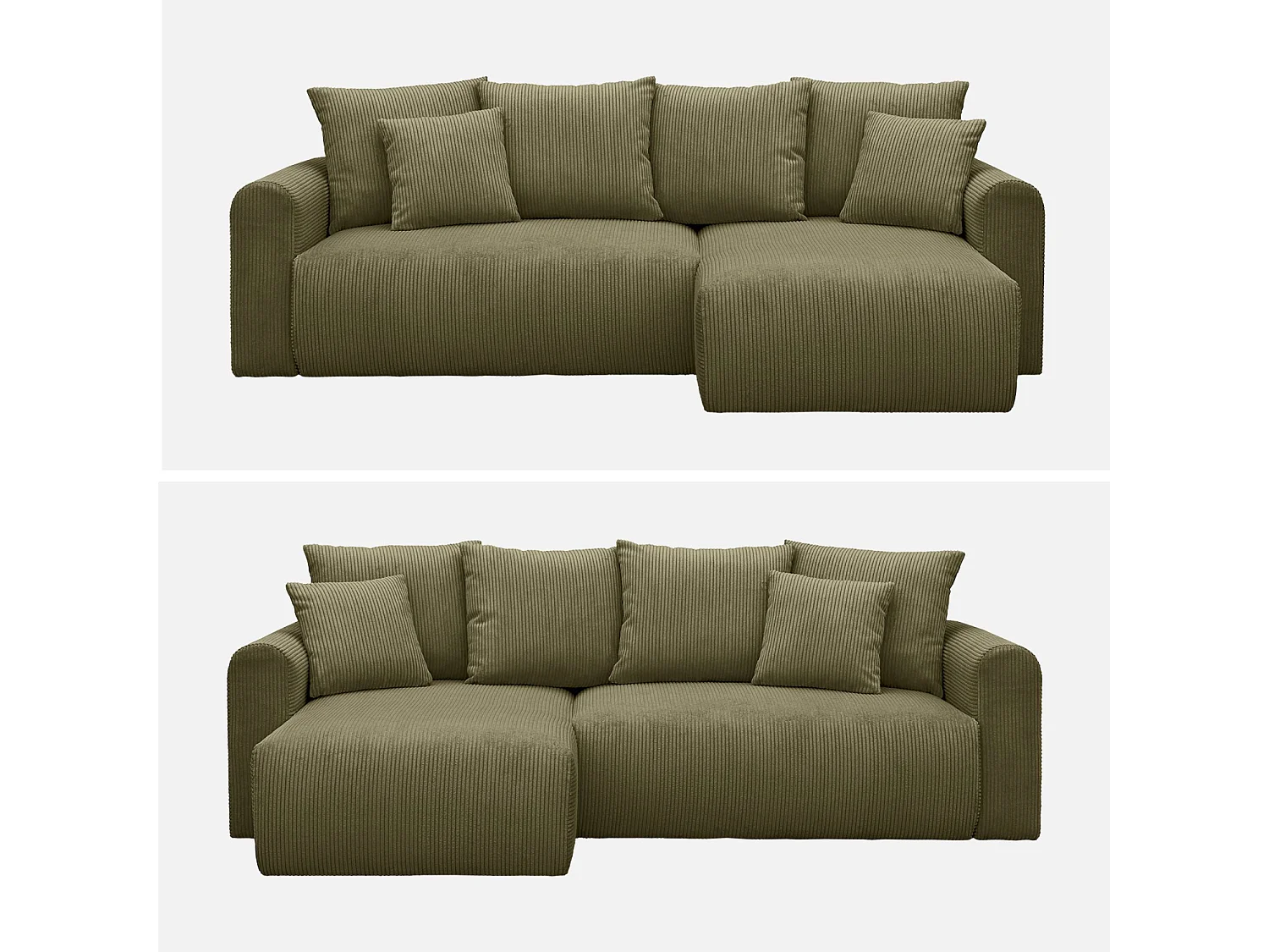 Canapé d'angle convertible réversible 3 places velours côtelé kaki avec coffre de rangement - Almo