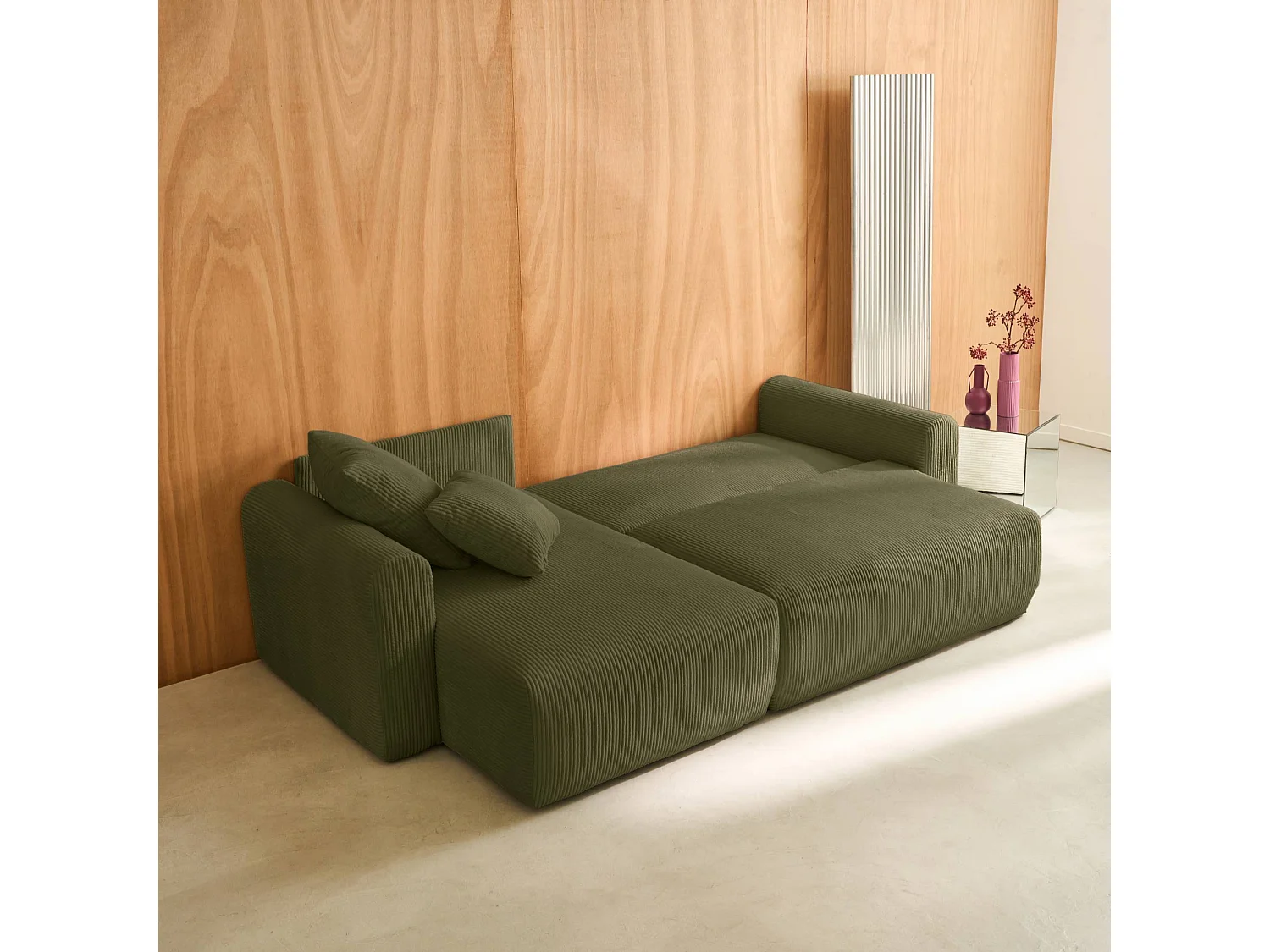 Canapé d'angle convertible réversible 3 places velours côtelé kaki avec coffre de rangement - Almo