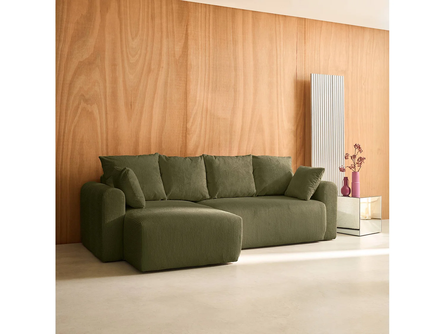 Canapé d'angle convertible réversible 3 places velours côtelé kaki avec coffre de rangement - Almo
