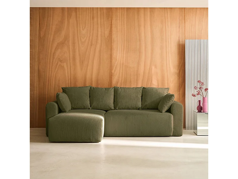 Sofá cama esquinero convertible de pana fina de 3 plazas verde kaki