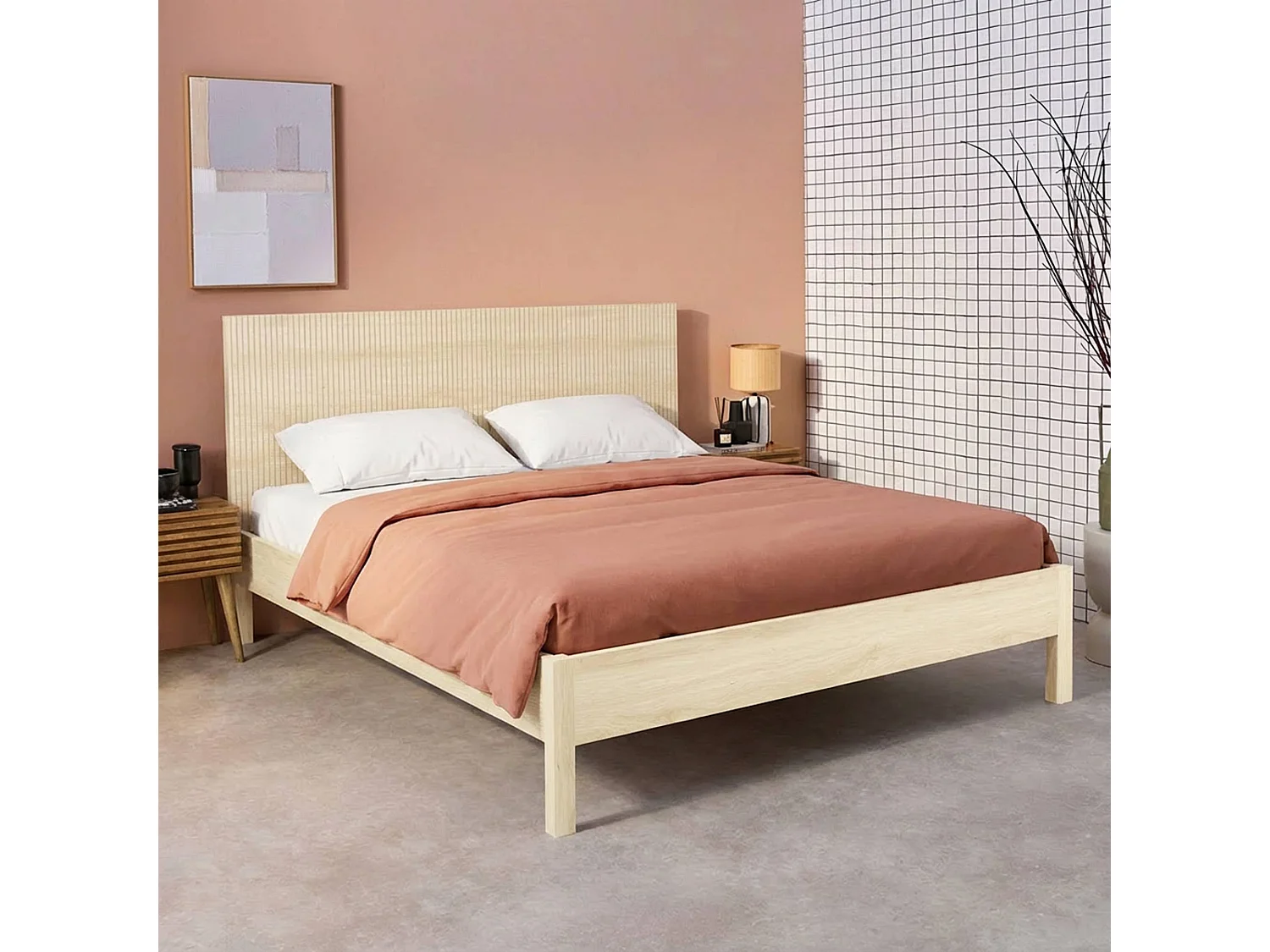 Letto con rete a doghe e testiera 200cm decorazione legno, marrone