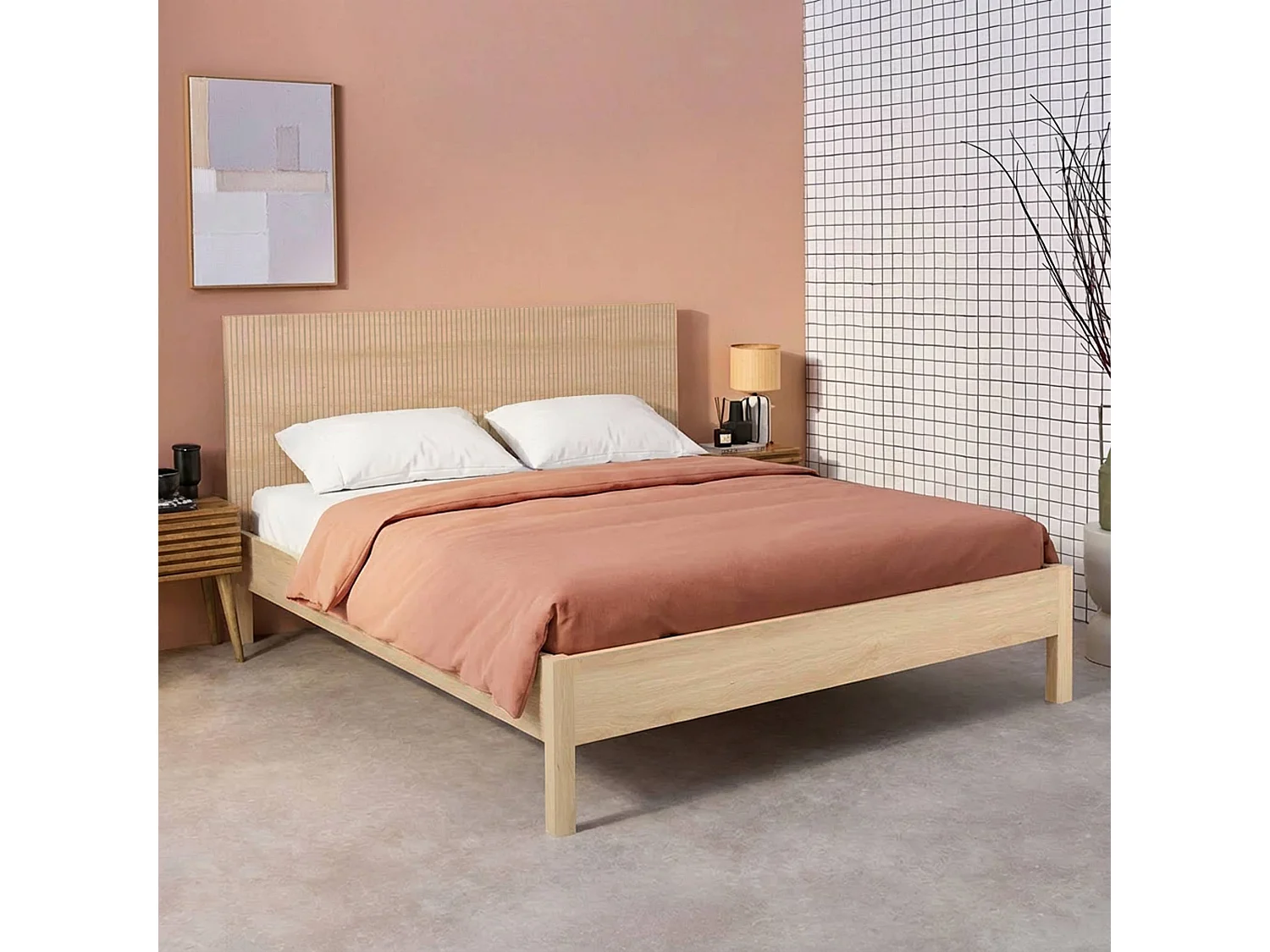 Cama con somier a láminas y cabecero 160x200cm, decoración madera