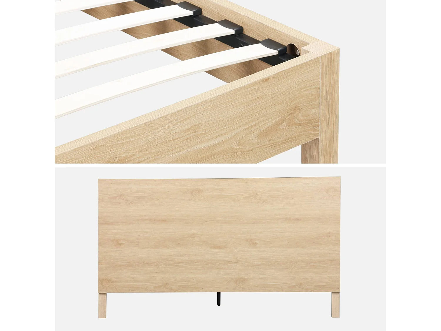 Cama con somier a láminas y cabecero 160x200cm, decoración madera