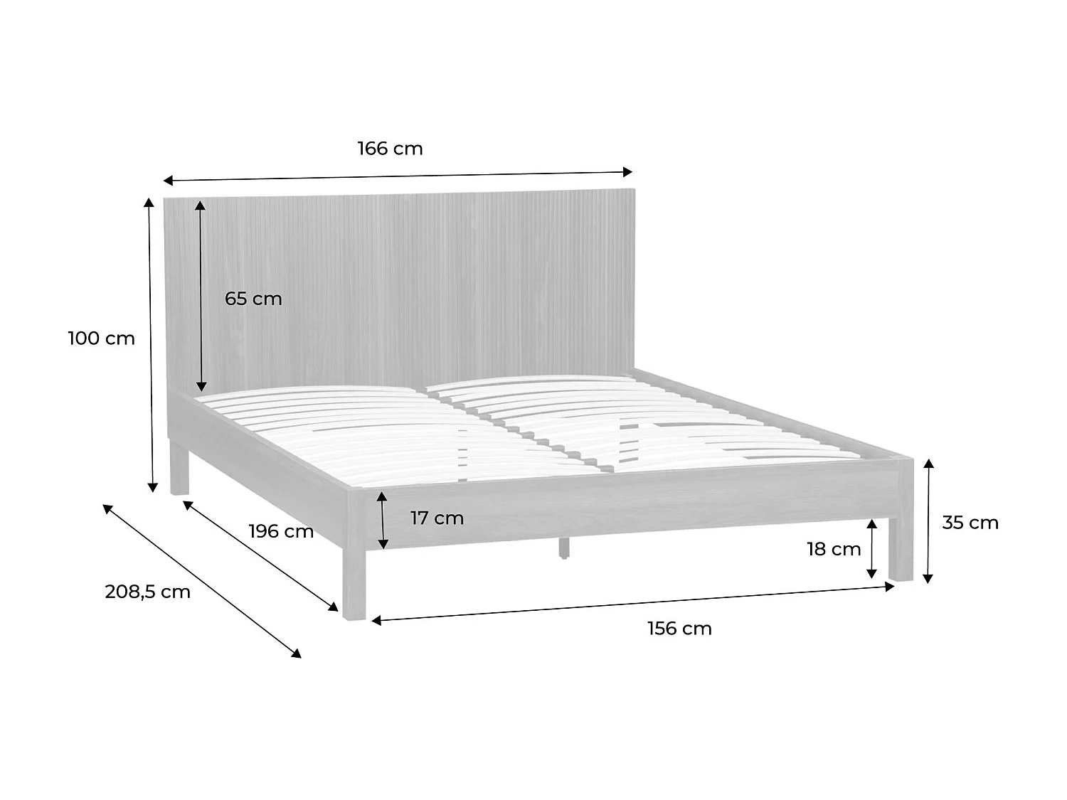 Cama con somier a láminas y cabecero 160x200cm, decoración madera