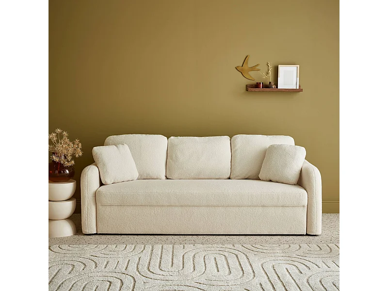 Canapé 3 places cosy rond. tissu bouclettes crème. Milano. L 210 x P 85 x H 85cm