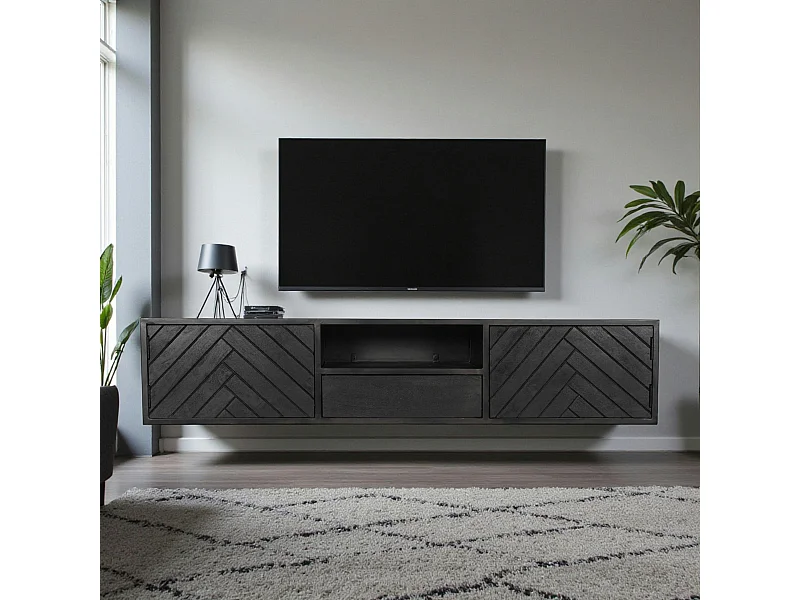 Meuble TV suspendu bois noir avec rangement 160 cm ALVERA