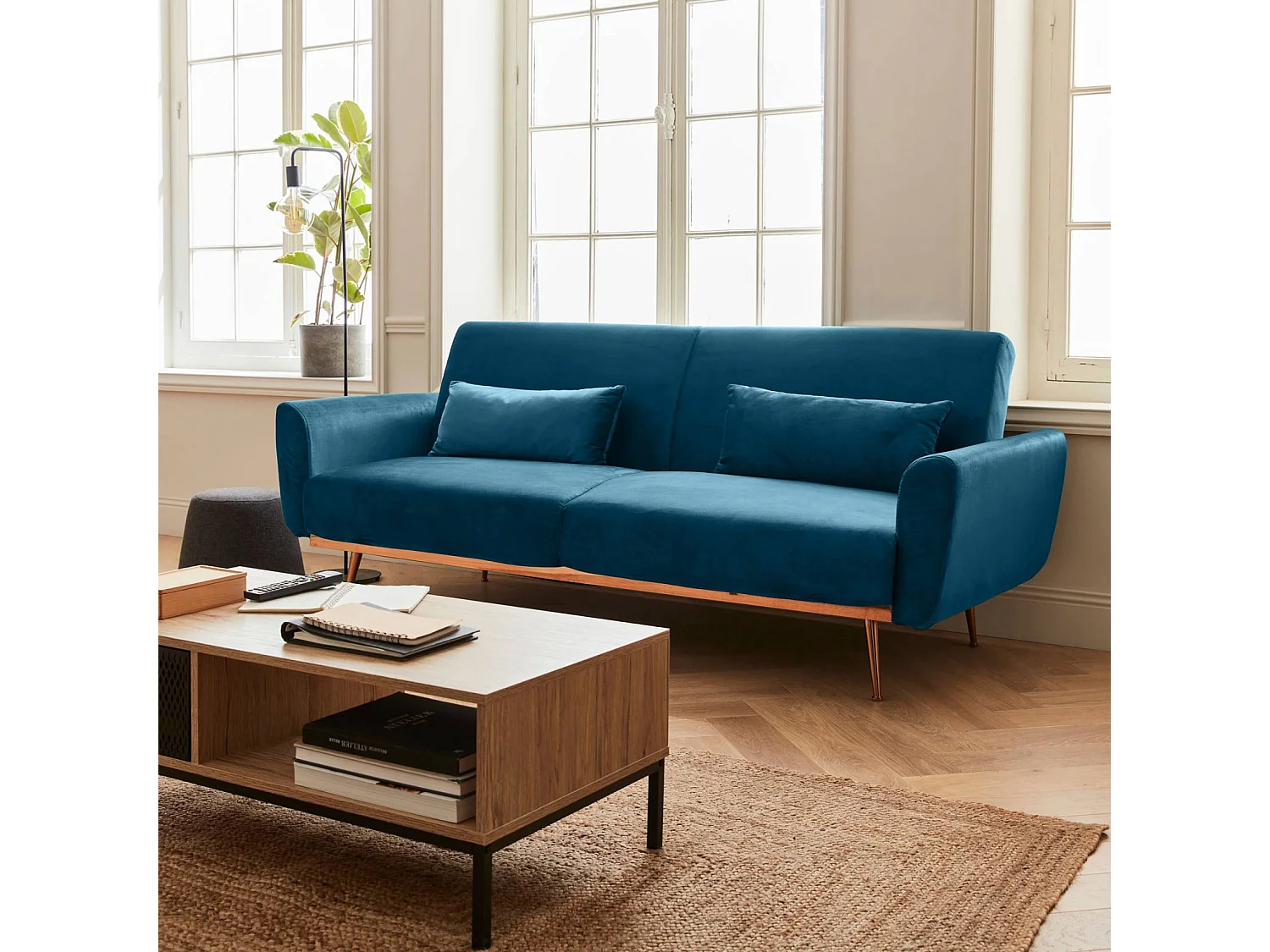 Divano letto reclinabile in velluto, 3 posti, blu