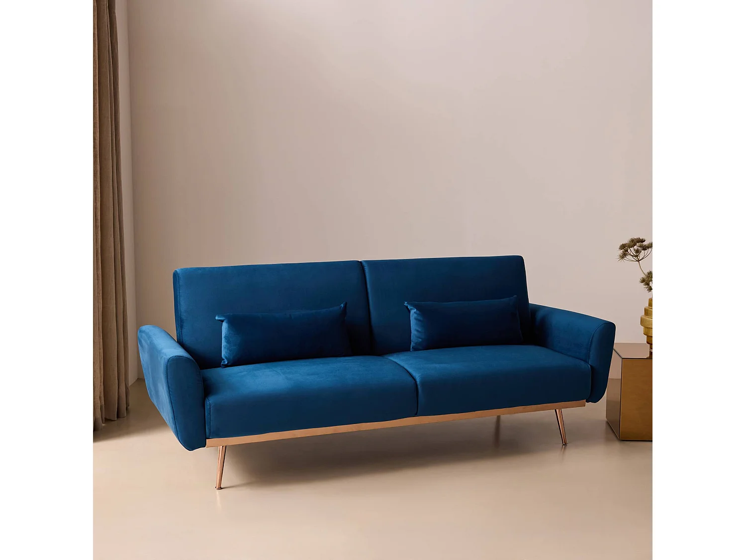 Sofá cama de terciopelo, 3 plazas azul