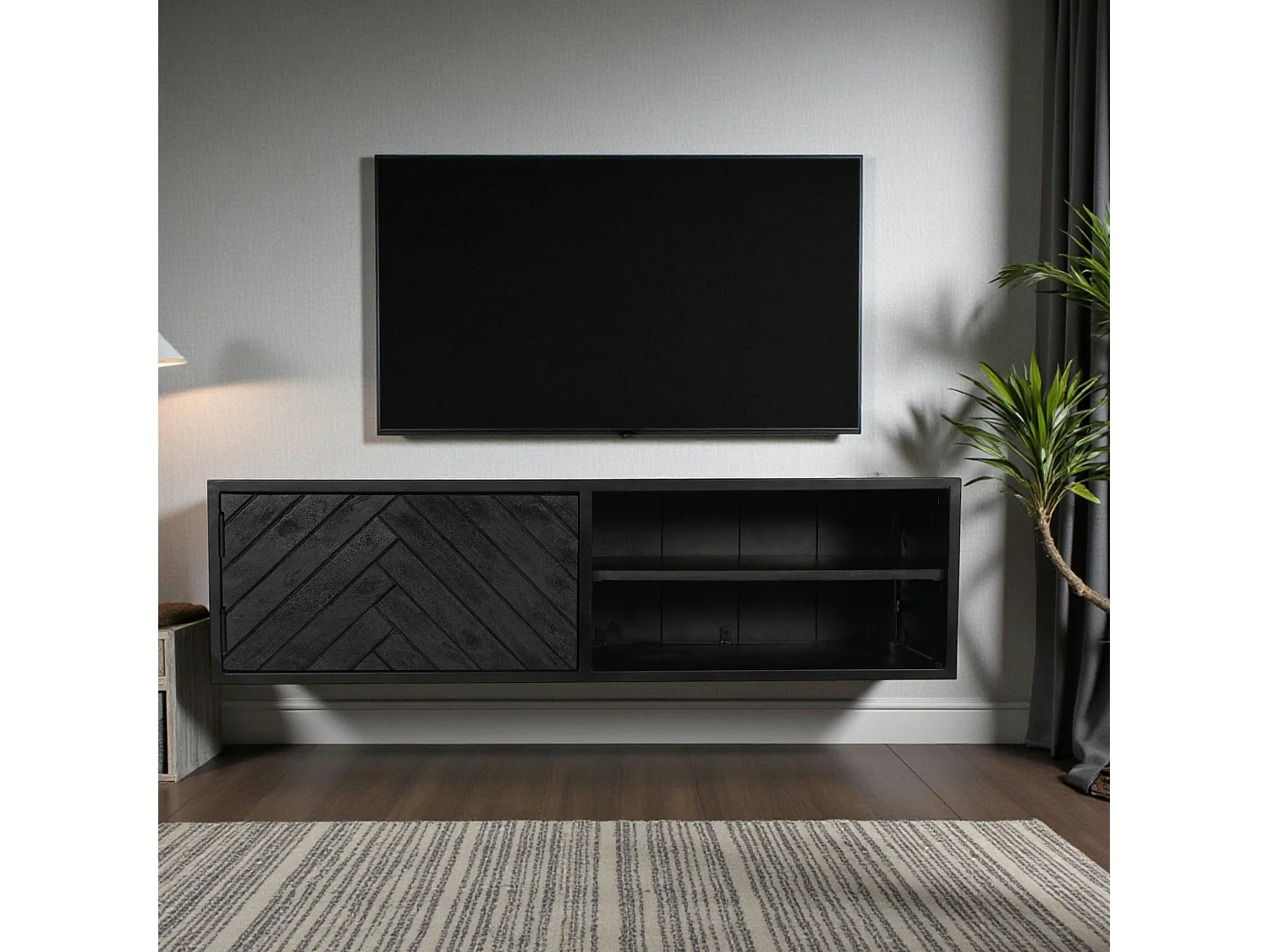 Meuble TV suspendu bois noir avec rangement 120 cm ALVERA