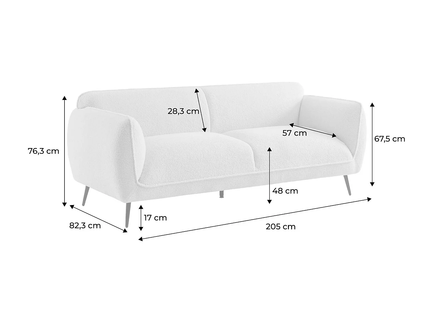 Canapé 3 places tissu bouclette crème et pieds métal noir