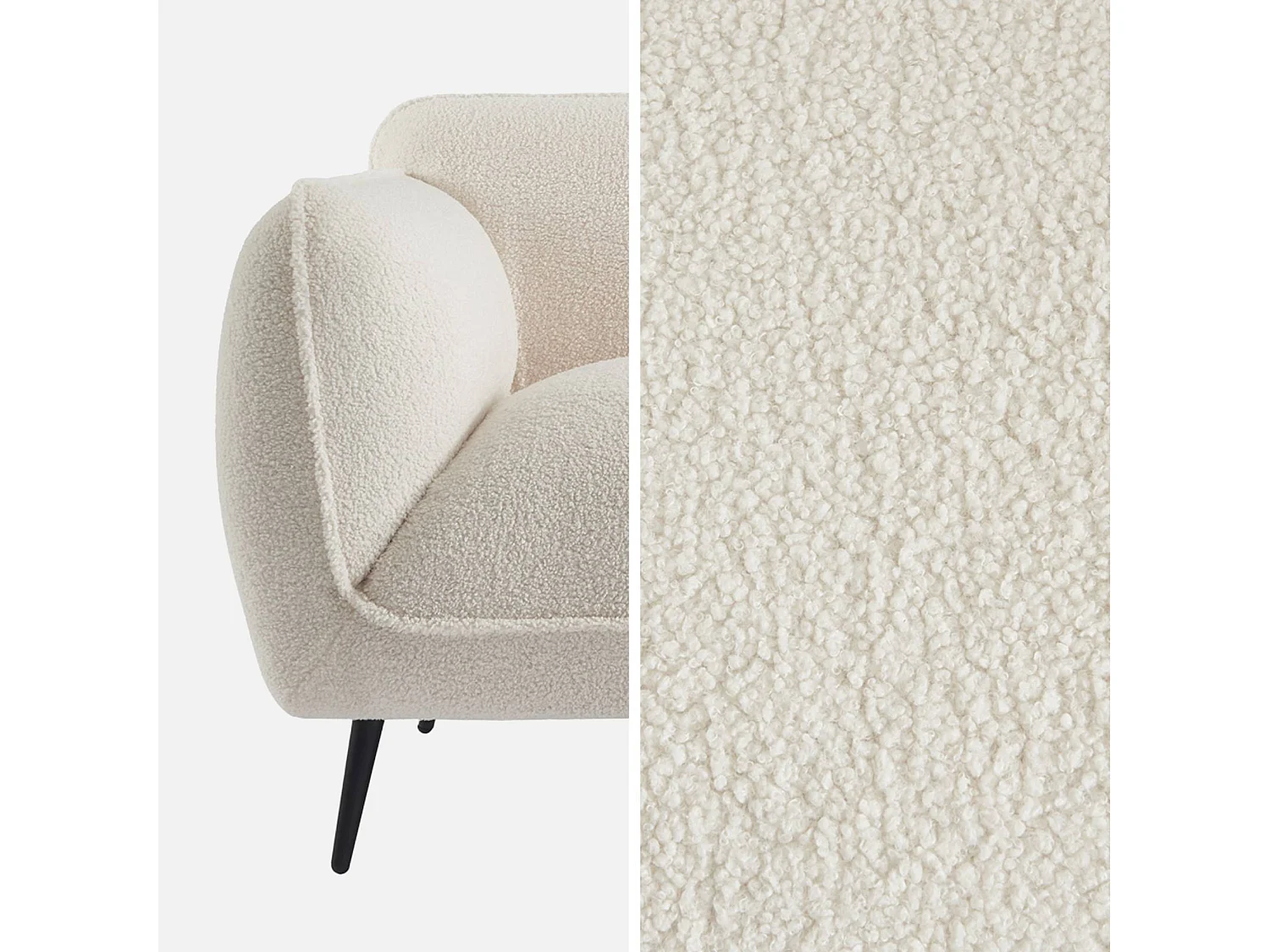 Canapé 3 places tissu bouclette crème et pieds métal noir