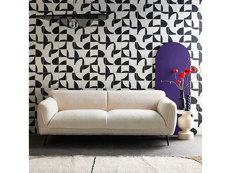 Canapé 3 places tissu bouclette crème et pieds métal noir