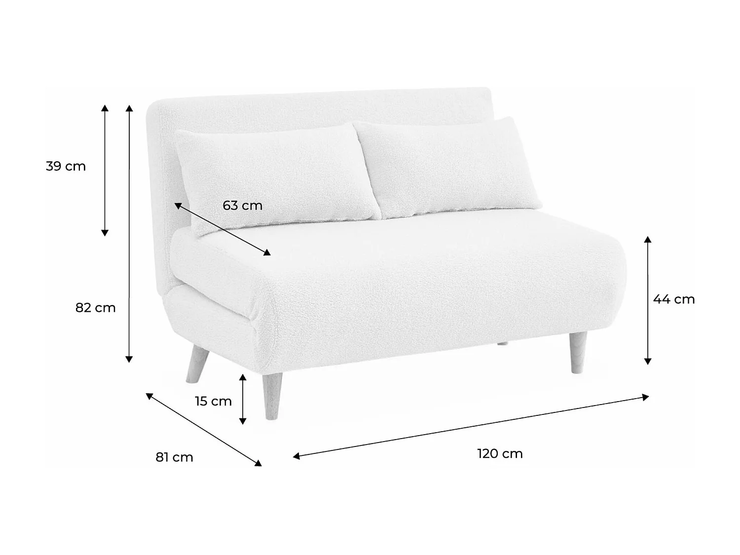 Canapé convertible en tissu bouclettes crème - Guesta - 2 places scandinave. pieds bois foncé. banquette. dossier inclinable