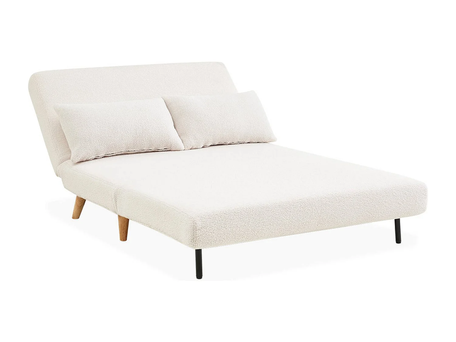 Canapé convertible en tissu bouclettes crème - Guesta - 2 places scandinave. pieds bois foncé. banquette. dossier inclinable