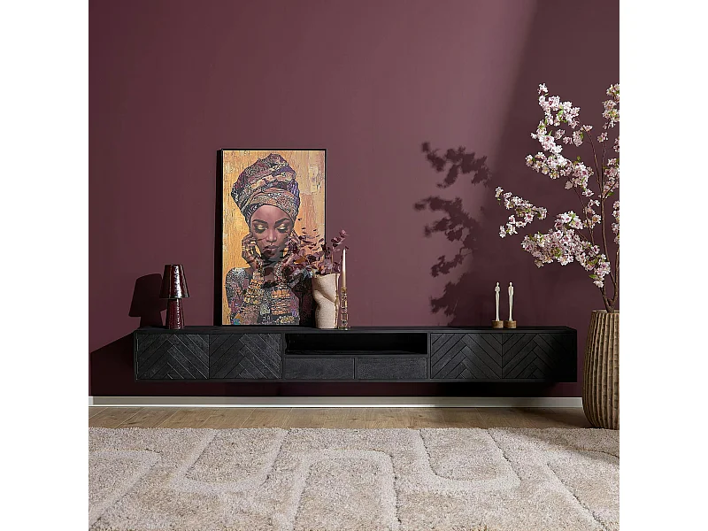 Meuble TV noir suspendu en bois avec rangement 280 cm ALVERA