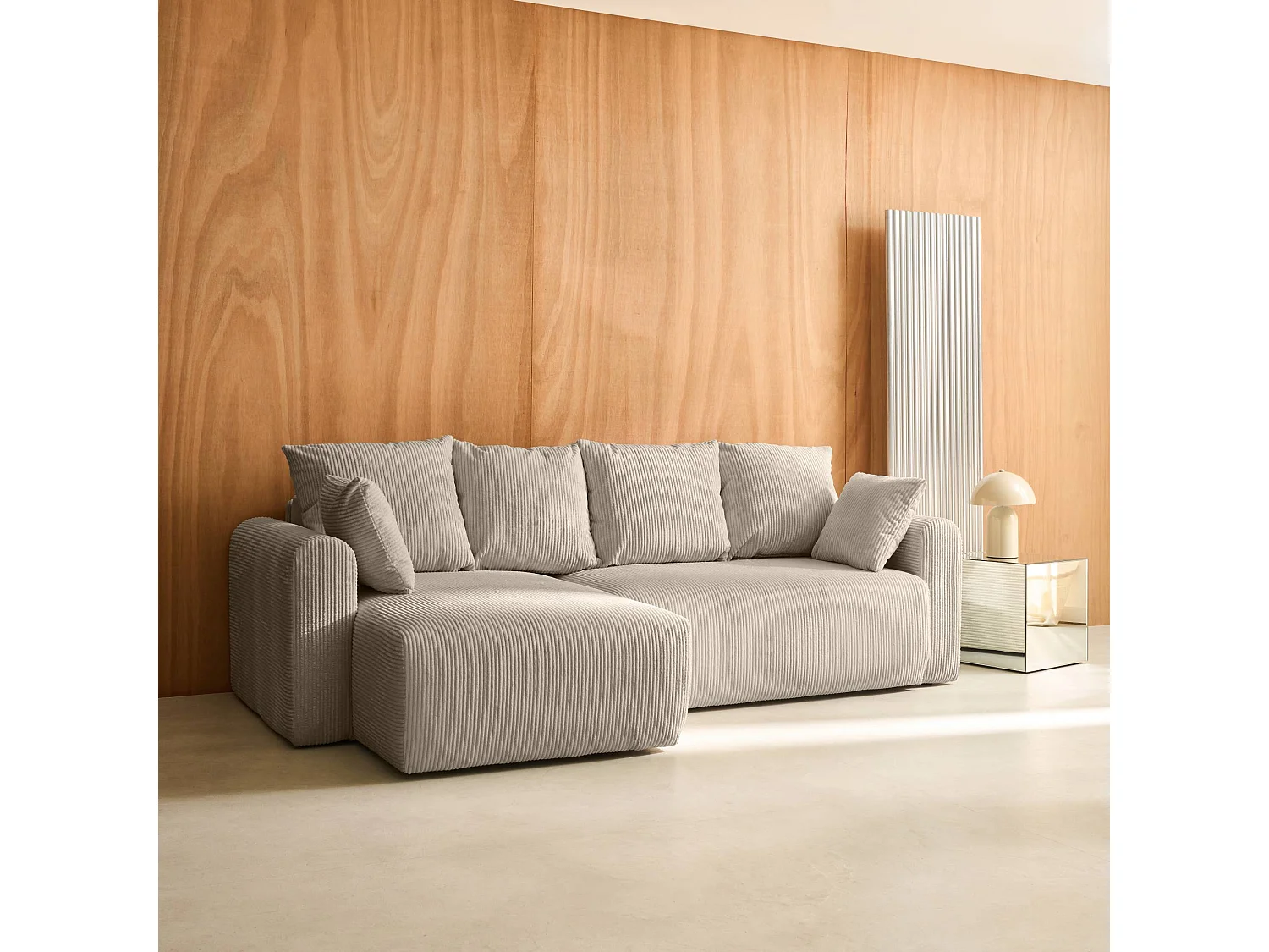 Canapé d'angle convertible réversible 3 places velours côtelé taupe avec coffre de rangement - Almo