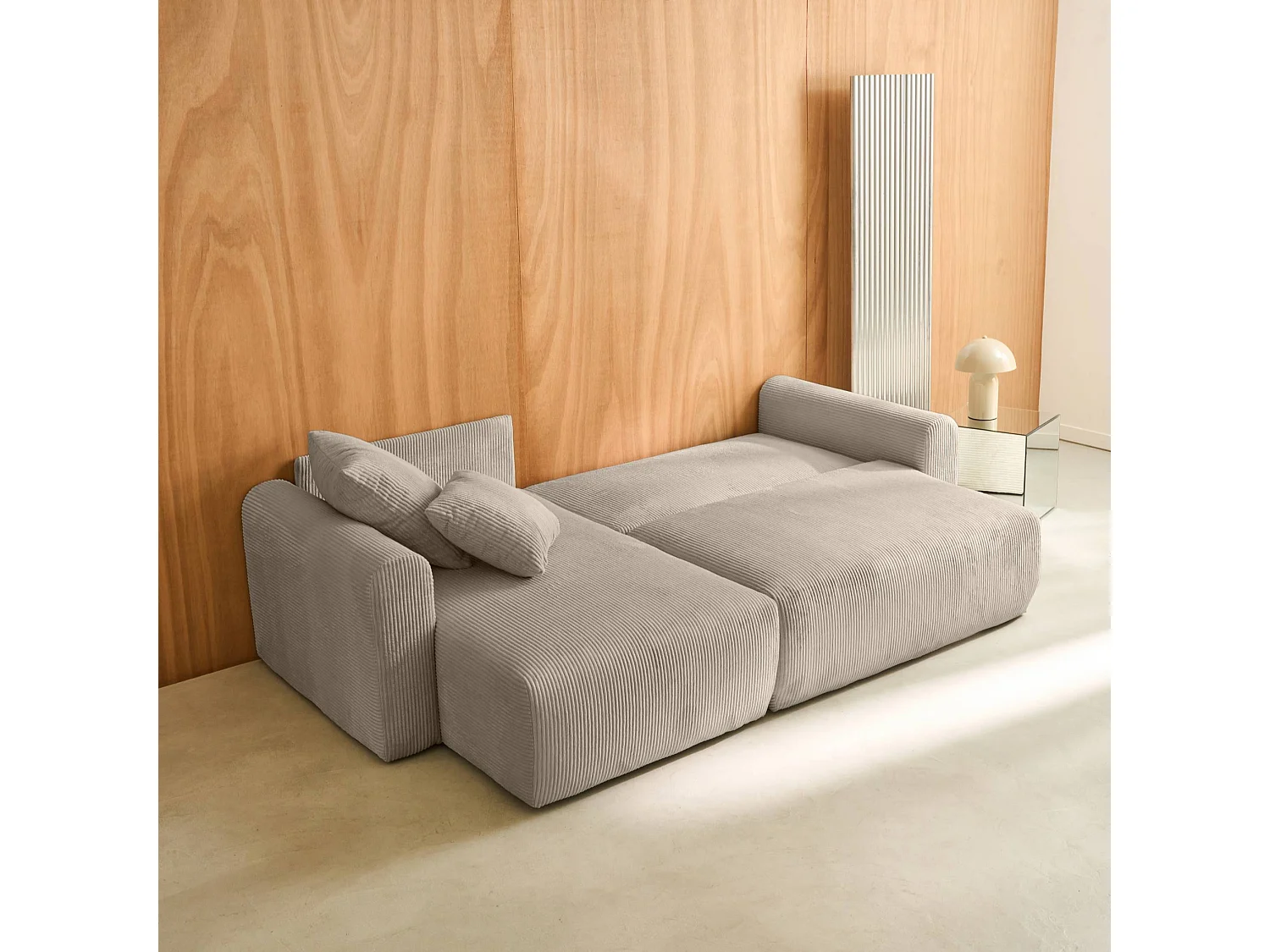 Canapé d'angle convertible réversible 3 places velours côtelé taupe avec coffre de rangement - Almo