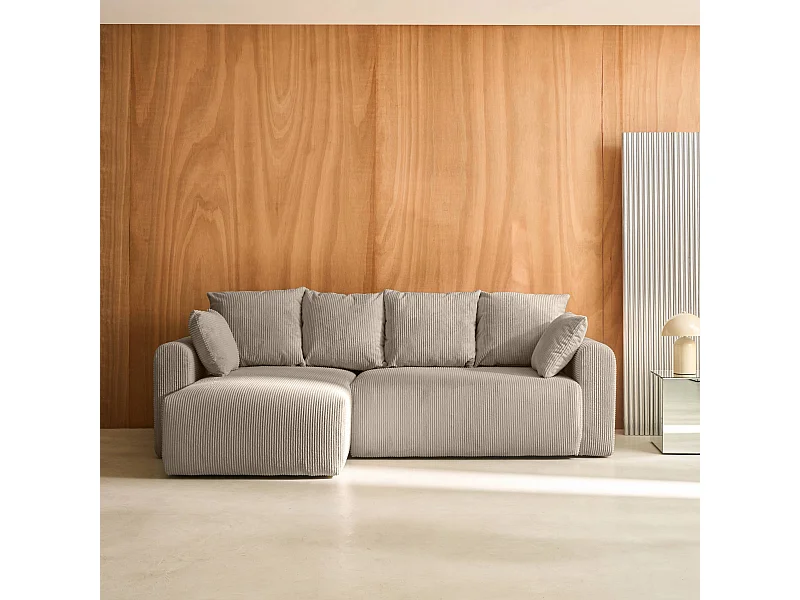 Canapé d'angle convertible réversible 3 places velours côtelé taupe avec coffre de rangement - Almo