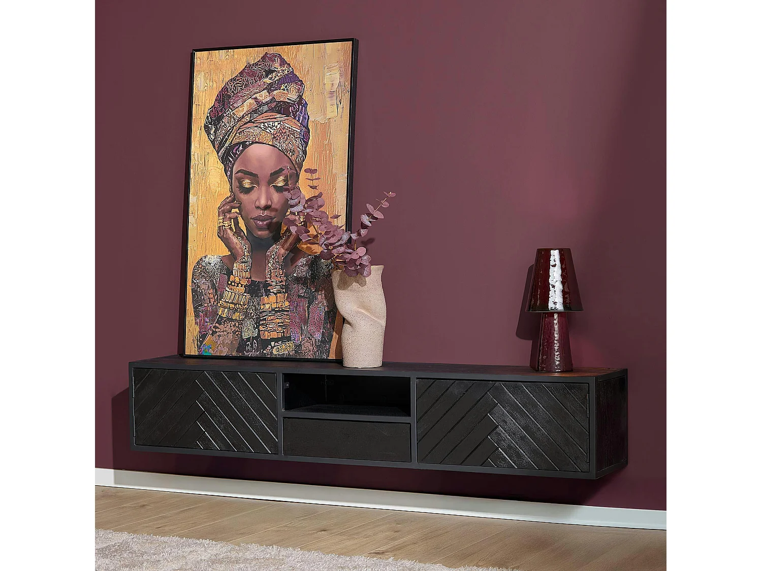 Meuble TV suspendu bois noir avec rangement 180 cm ALVERA