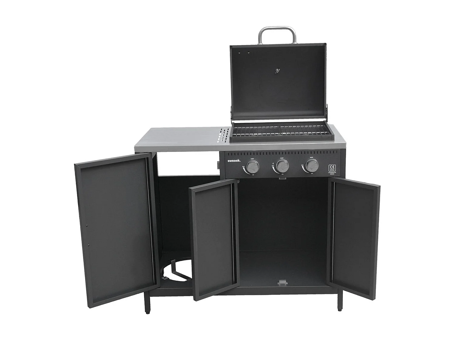 Barbacoa de gas con 3 quemadores, 3 puertas y termómetro negro