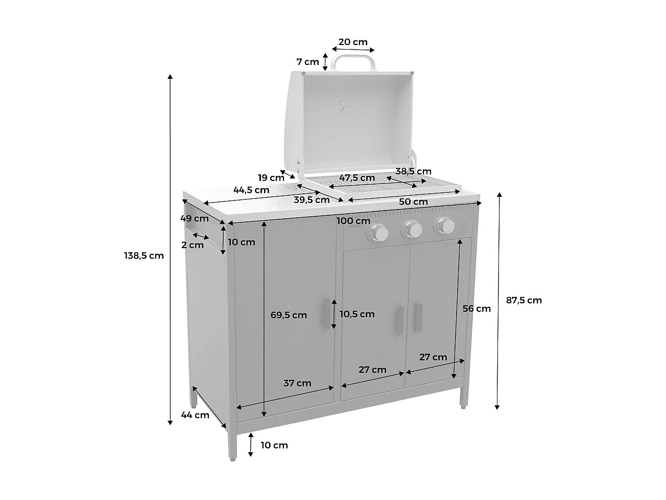 Barbacoa de gas con 3 quemadores, 3 puertas y termómetro negro