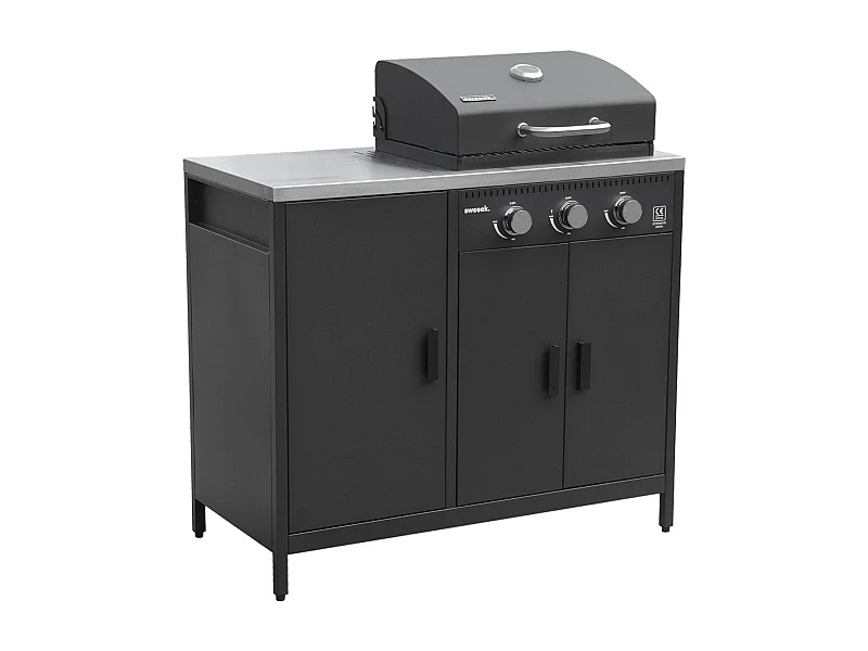 Barbacoa de gas con 3 quemadores, 3 puertas y termómetro negro