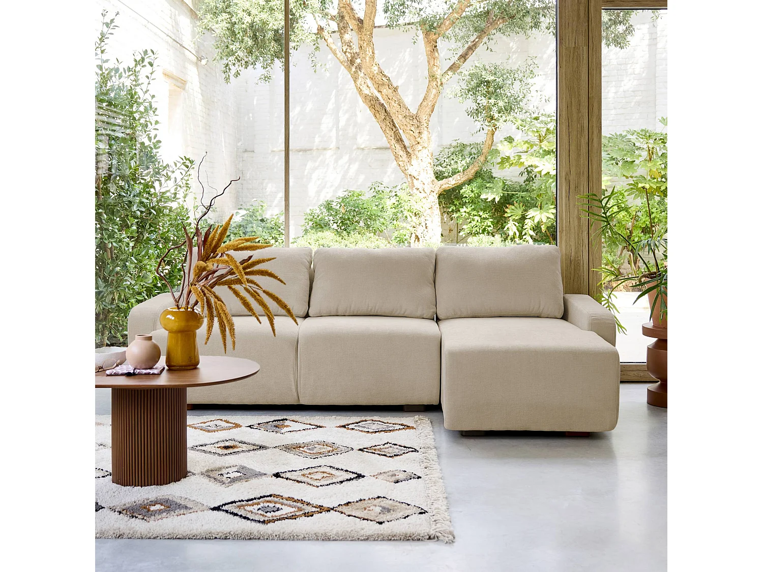 Sofá de esquina derecha de tela liso, 3 plazas beige