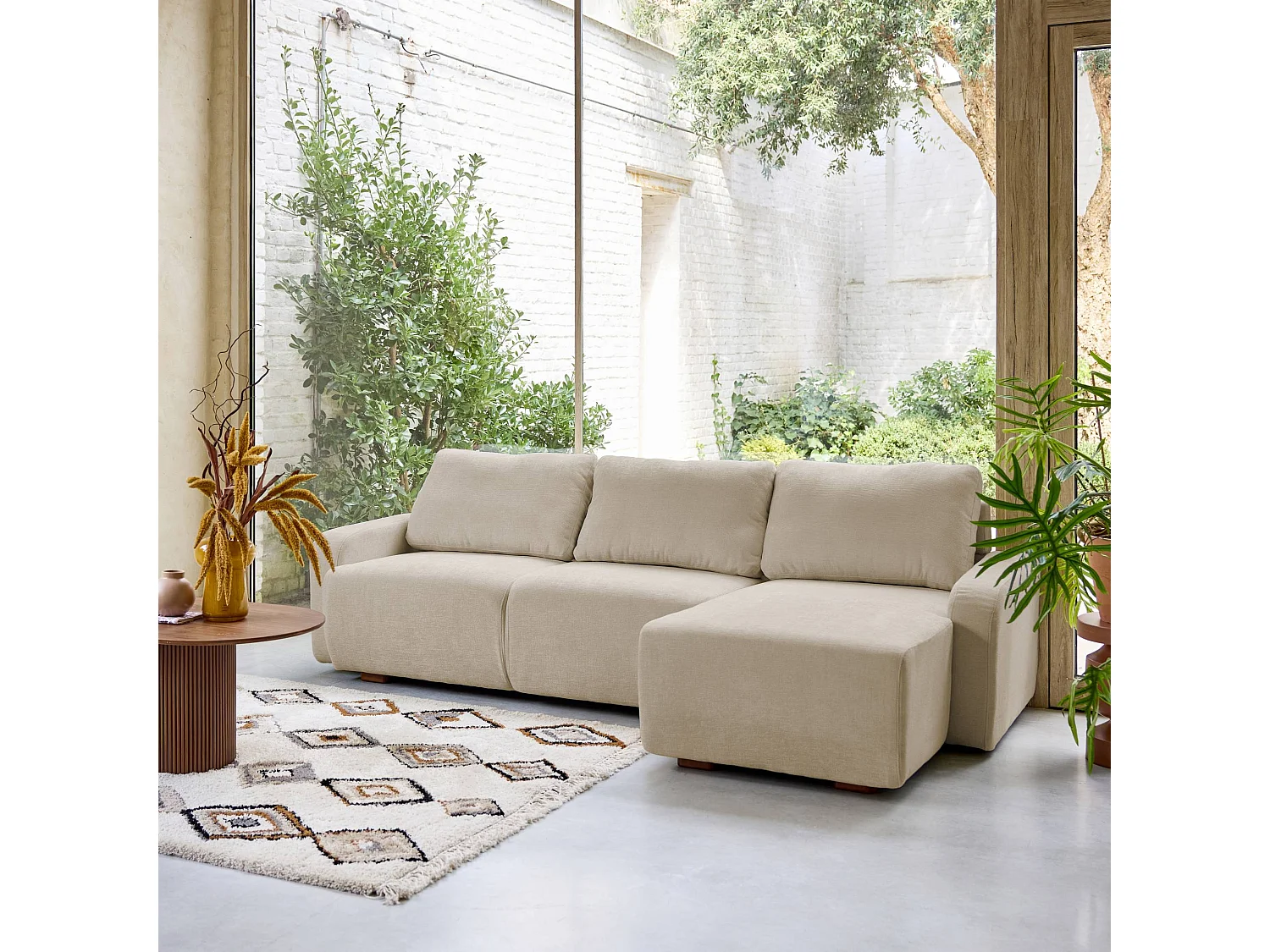 Sofá de esquina derecha de tela liso, 3 plazas beige