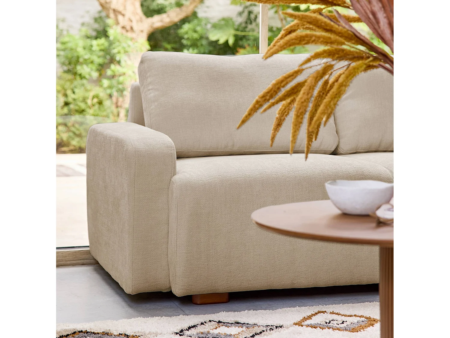 Sofá de esquina derecha de tela liso, 3 plazas beige