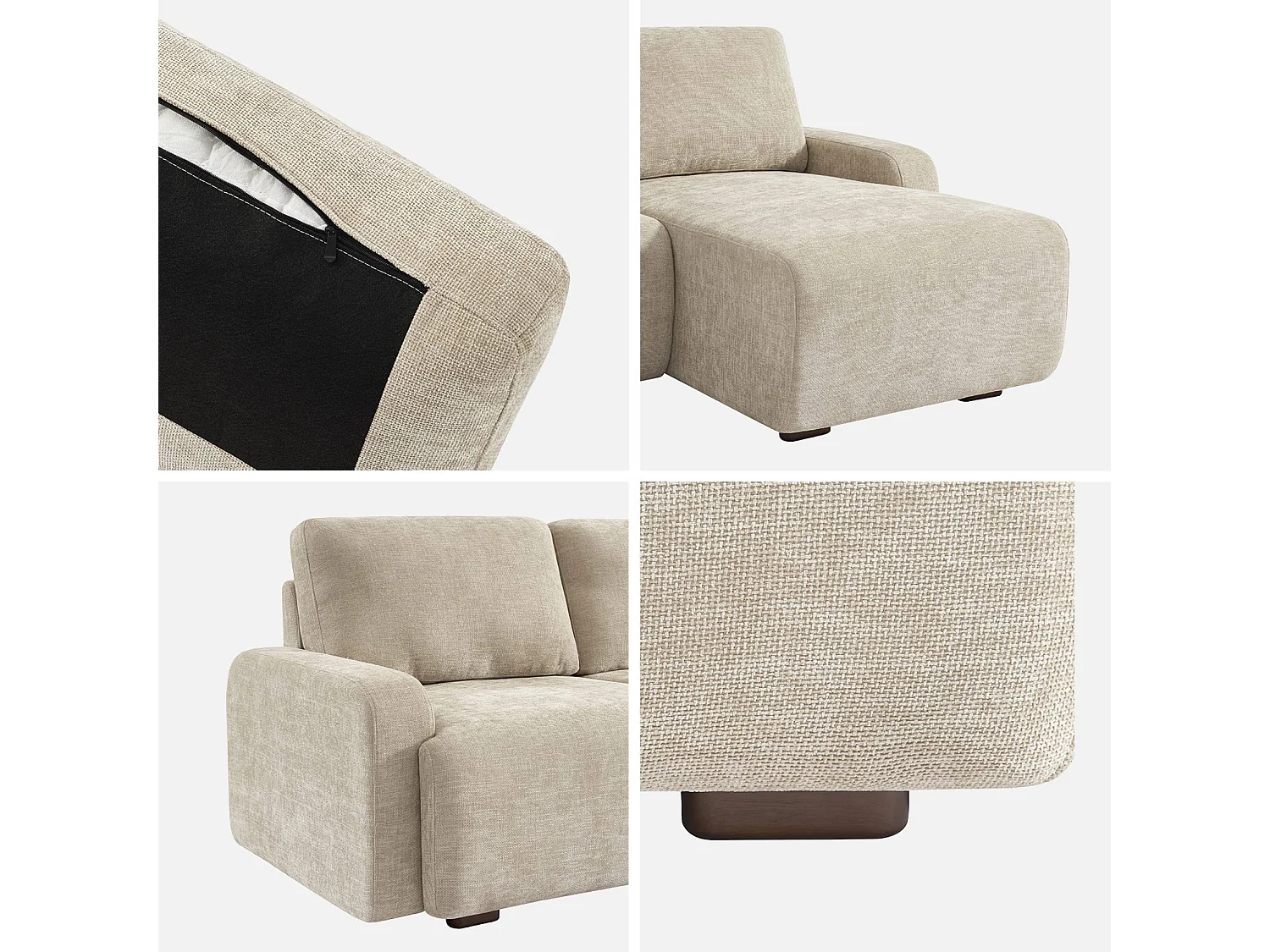 Sofá de esquina derecha de tela liso, 3 plazas beige