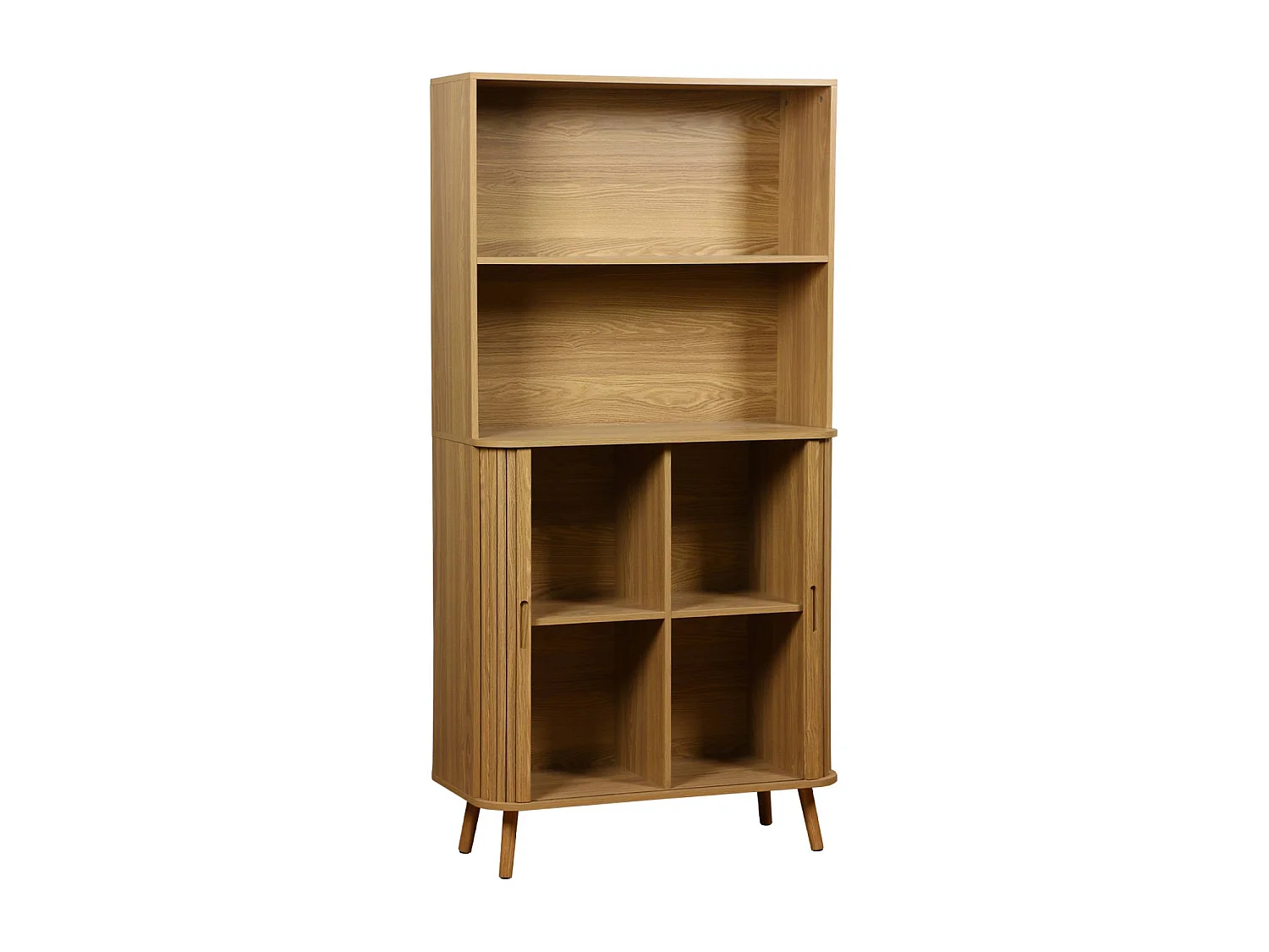 Libreria in legno scanalato con 2 ante scorrevoli a 4 livelli, marrone