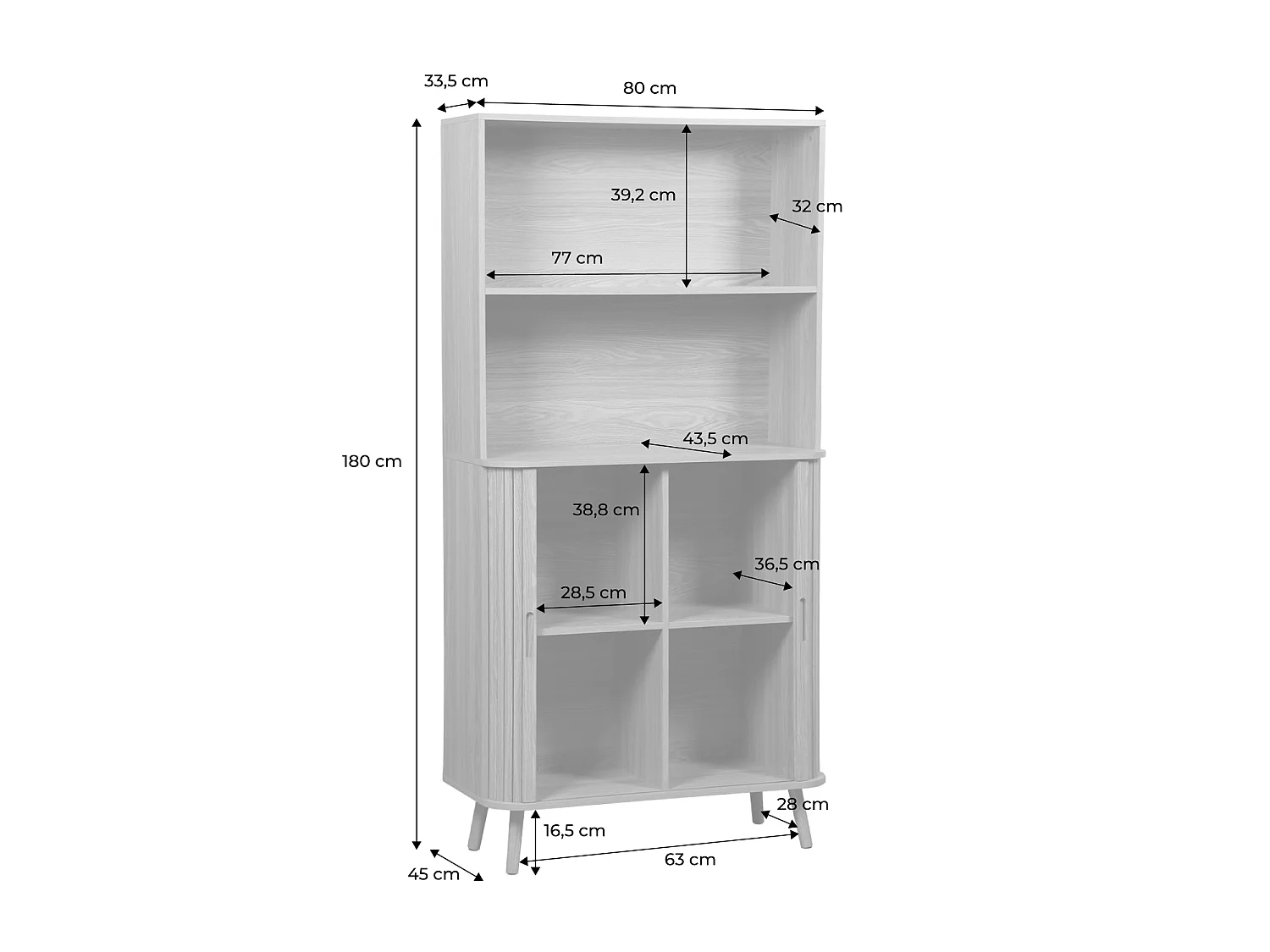 Libreria in legno scanalato con 2 ante scorrevoli a 4 livelli, marrone