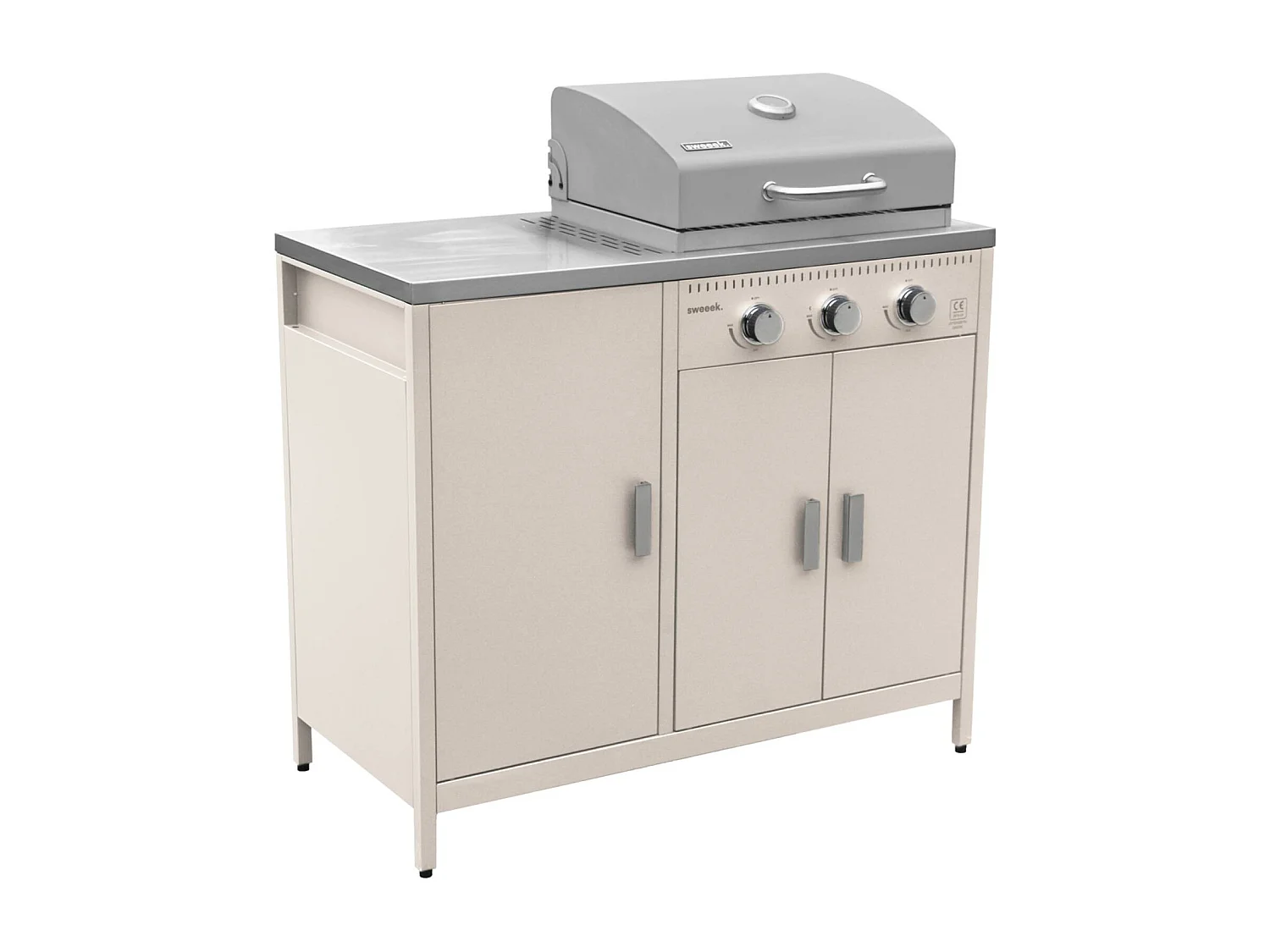 Barbecue gaz 3 brûleurs. beige. 3 portes et 2 espaces de rangement