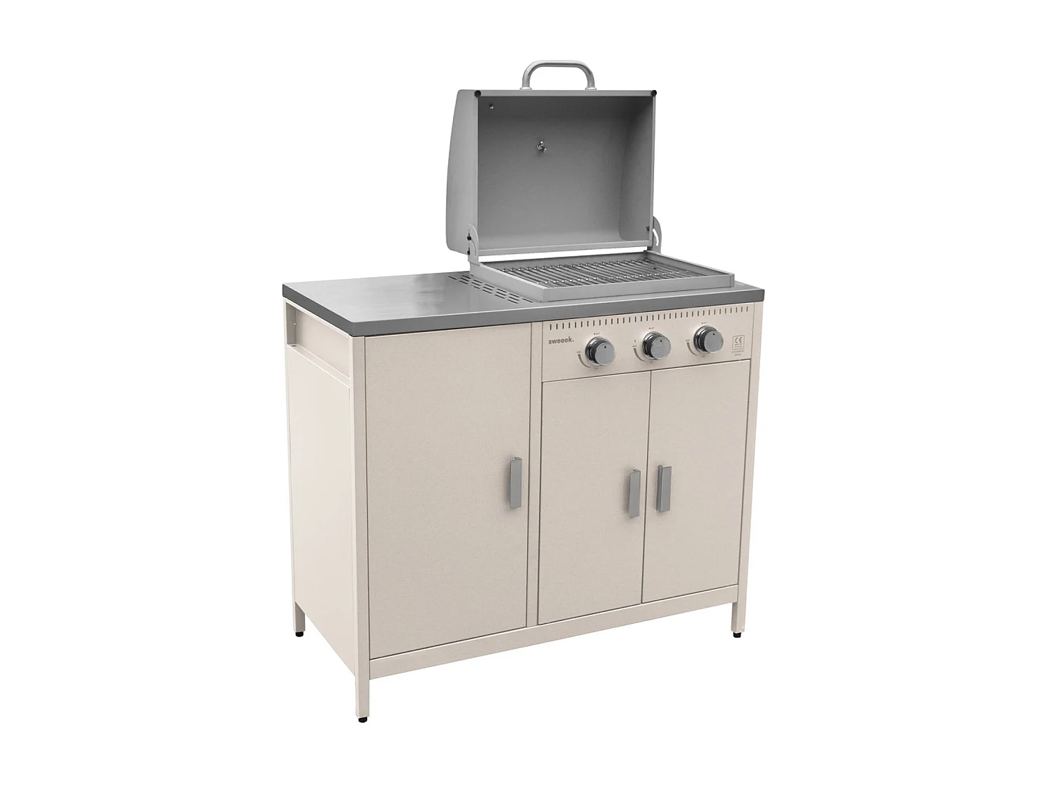 Barbecue gaz 3 brûleurs. beige. 3 portes et 2 espaces de rangement