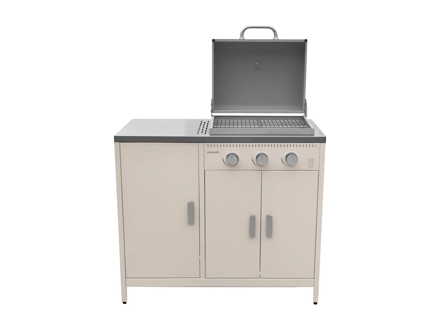 Barbecue gaz 3 brûleurs. beige. 3 portes et 2 espaces de rangement