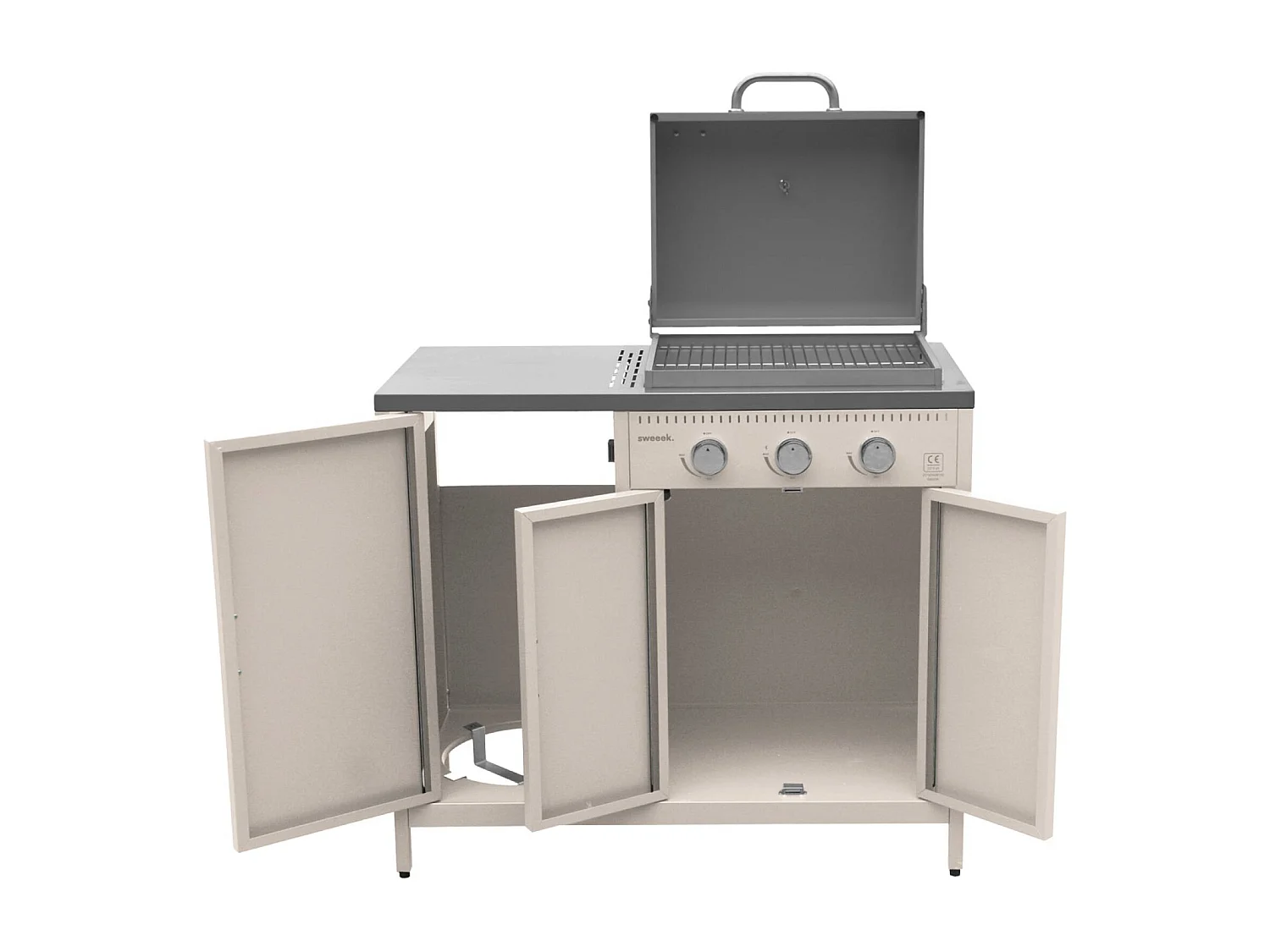 Barbecue gaz 3 brûleurs. beige. 3 portes et 2 espaces de rangement