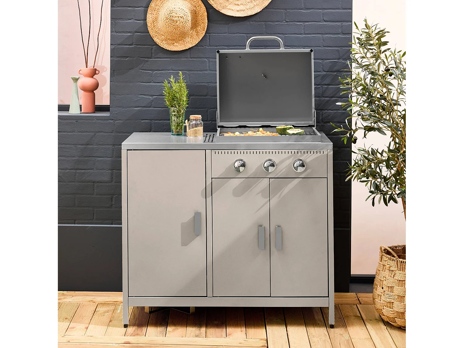 Barbacoa de gas con 3 quemadores, 3 puertas y termómetro beige