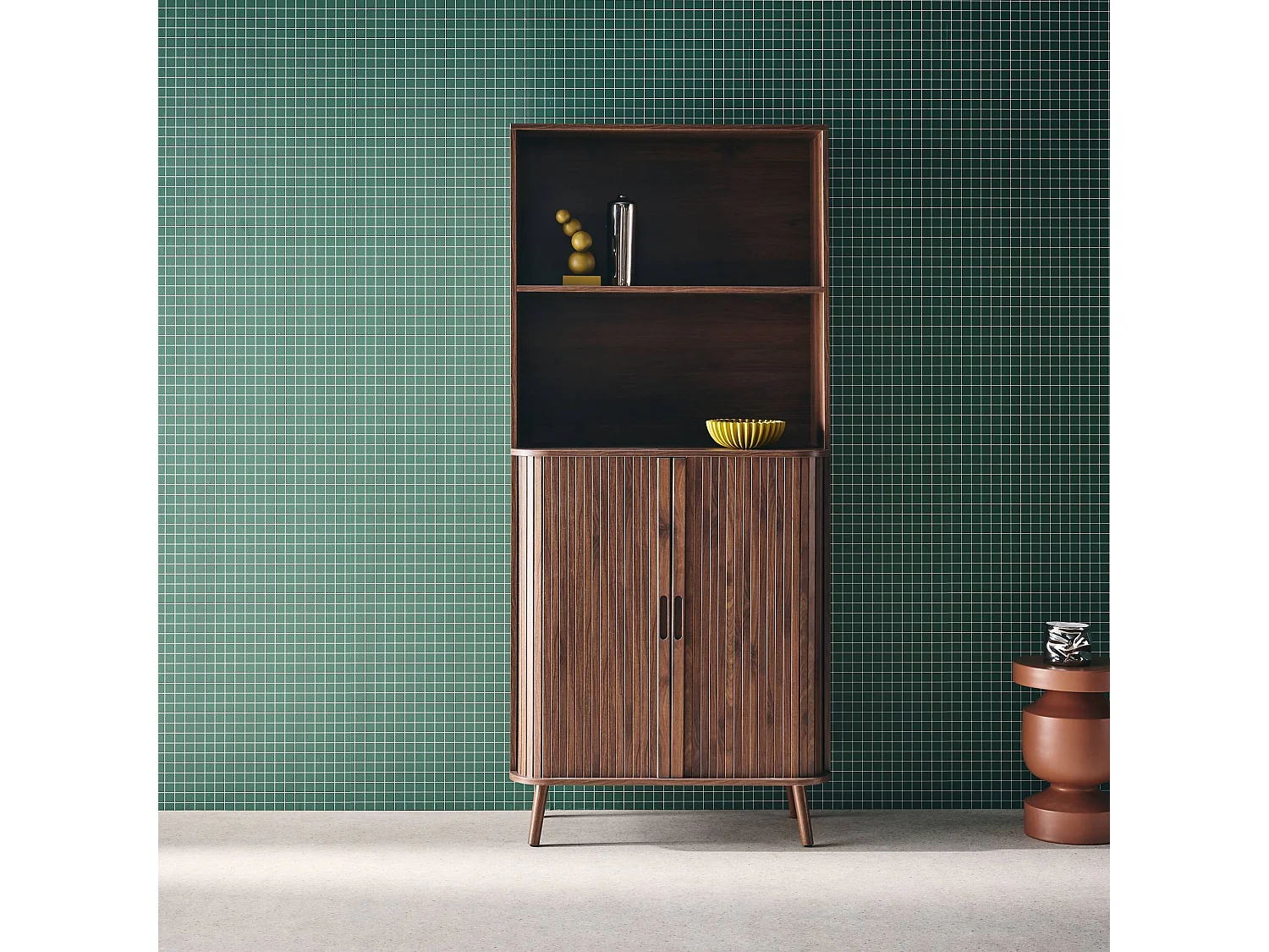 Estantería escandinavo, 2 puertas correderas, 4 niveles nogal