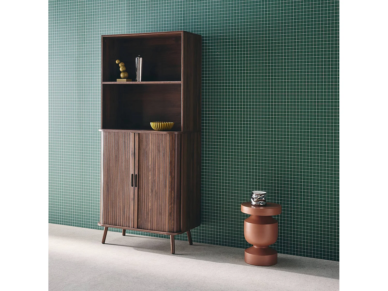 Estantería escandinavo, 2 puertas correderas, 4 niveles nogal