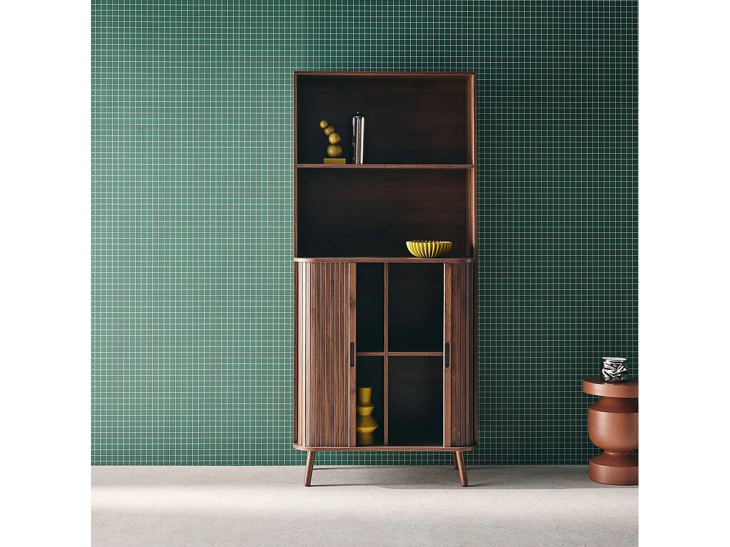 Estantería escandinavo, 2 puertas correderas, 4 niveles nogal