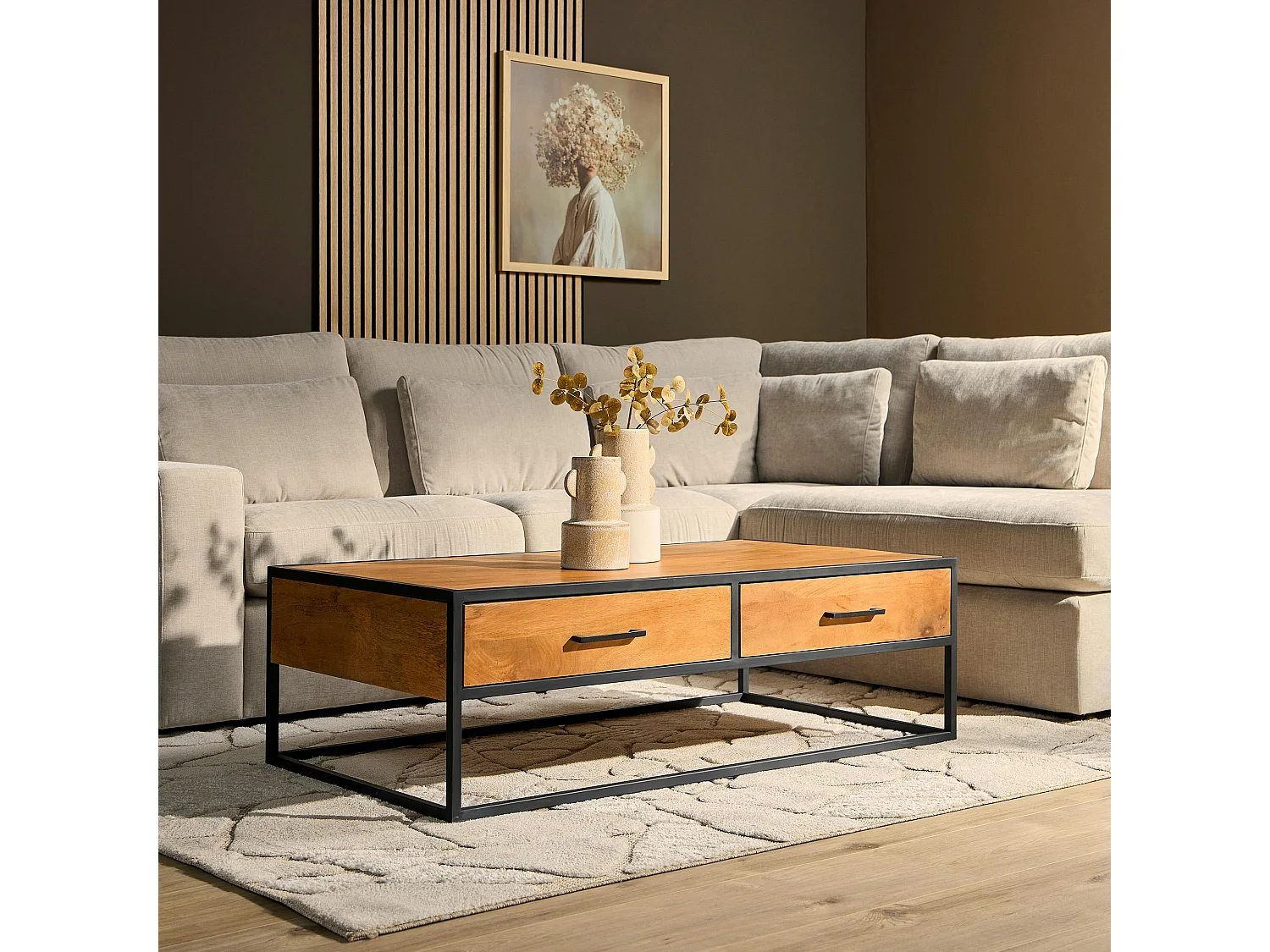 Table basse rectangulaire bois clair 2 tiroirs RIVANO