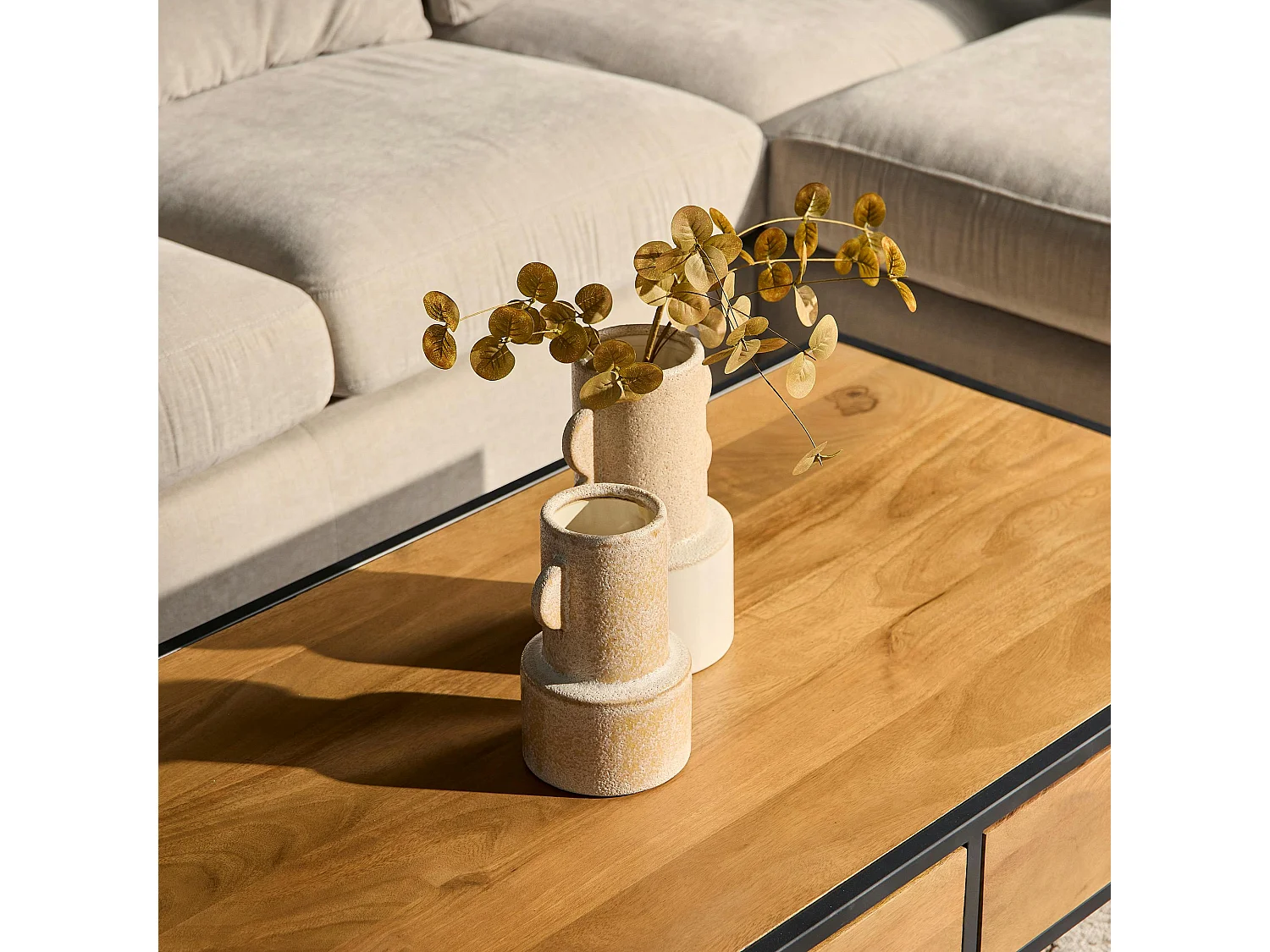 Table basse rectangulaire bois clair 2 tiroirs RIVANO