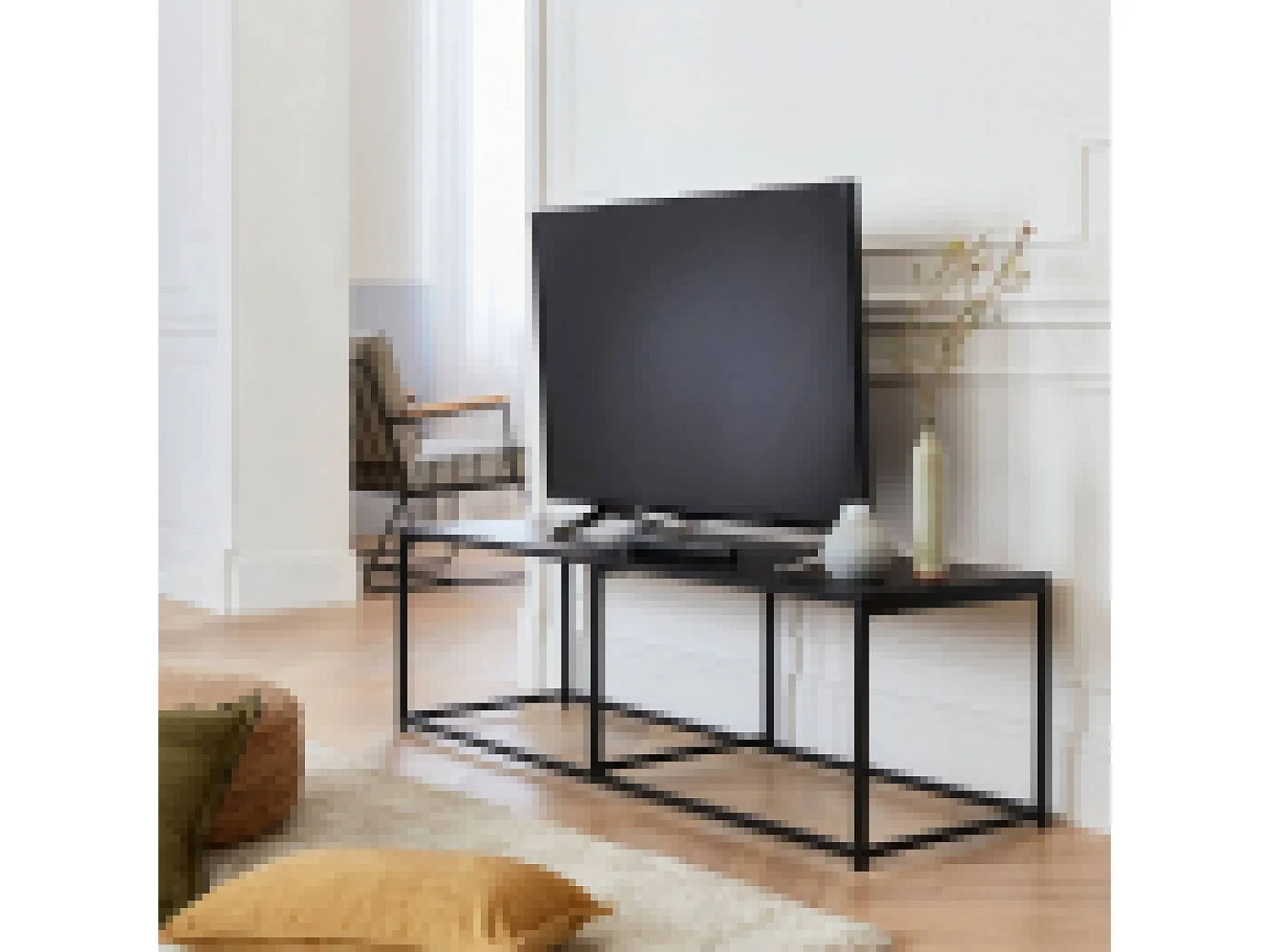 Meuble TV en métal noir 140x40x40cm - barre de renfort