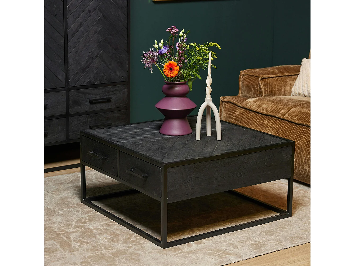 Table basse carrée noire en bois avec rangement ALVERA