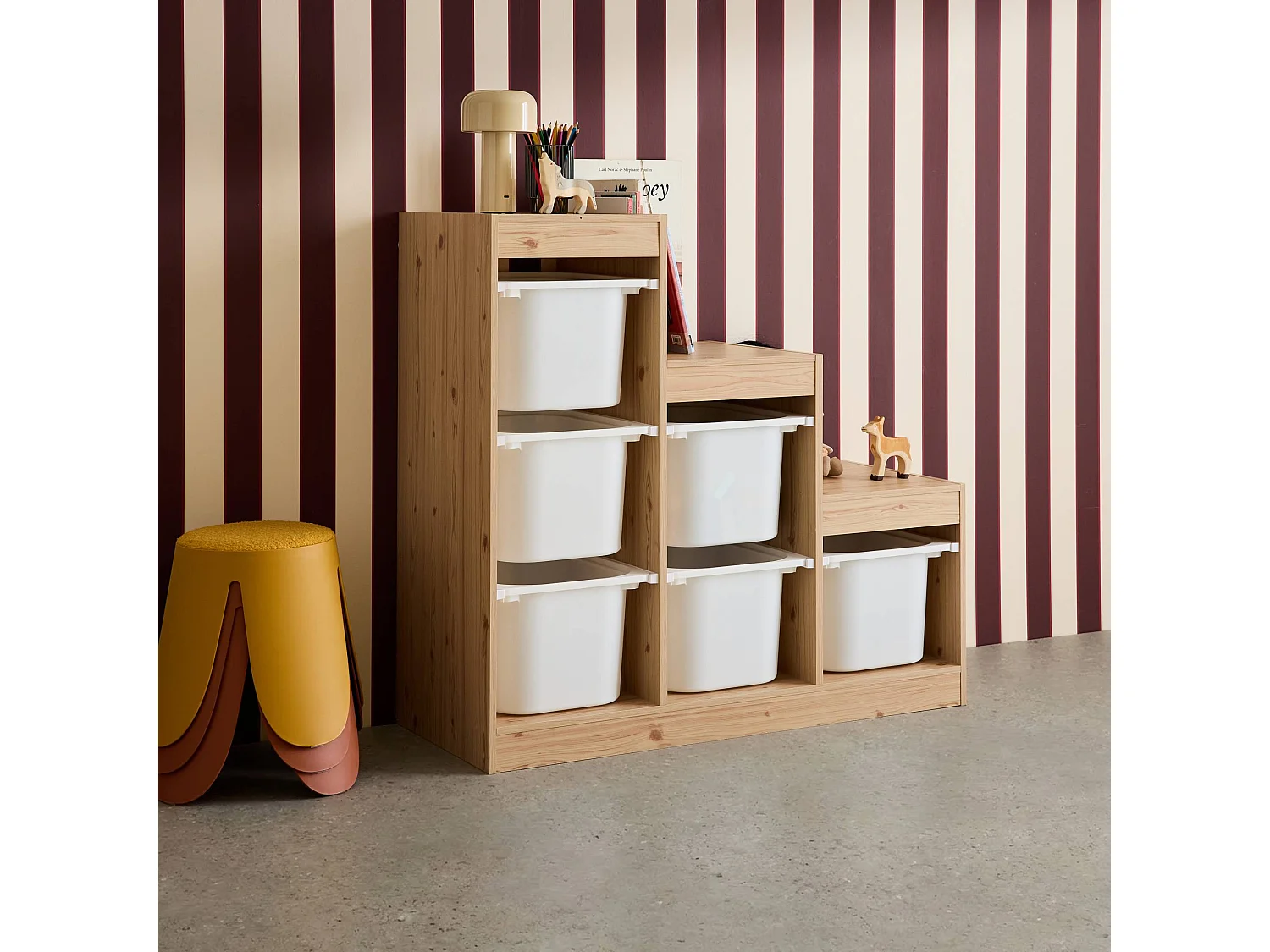 Meuble de rangement enfant escalier 6 bacs de rangement décor bois naturel - Sora