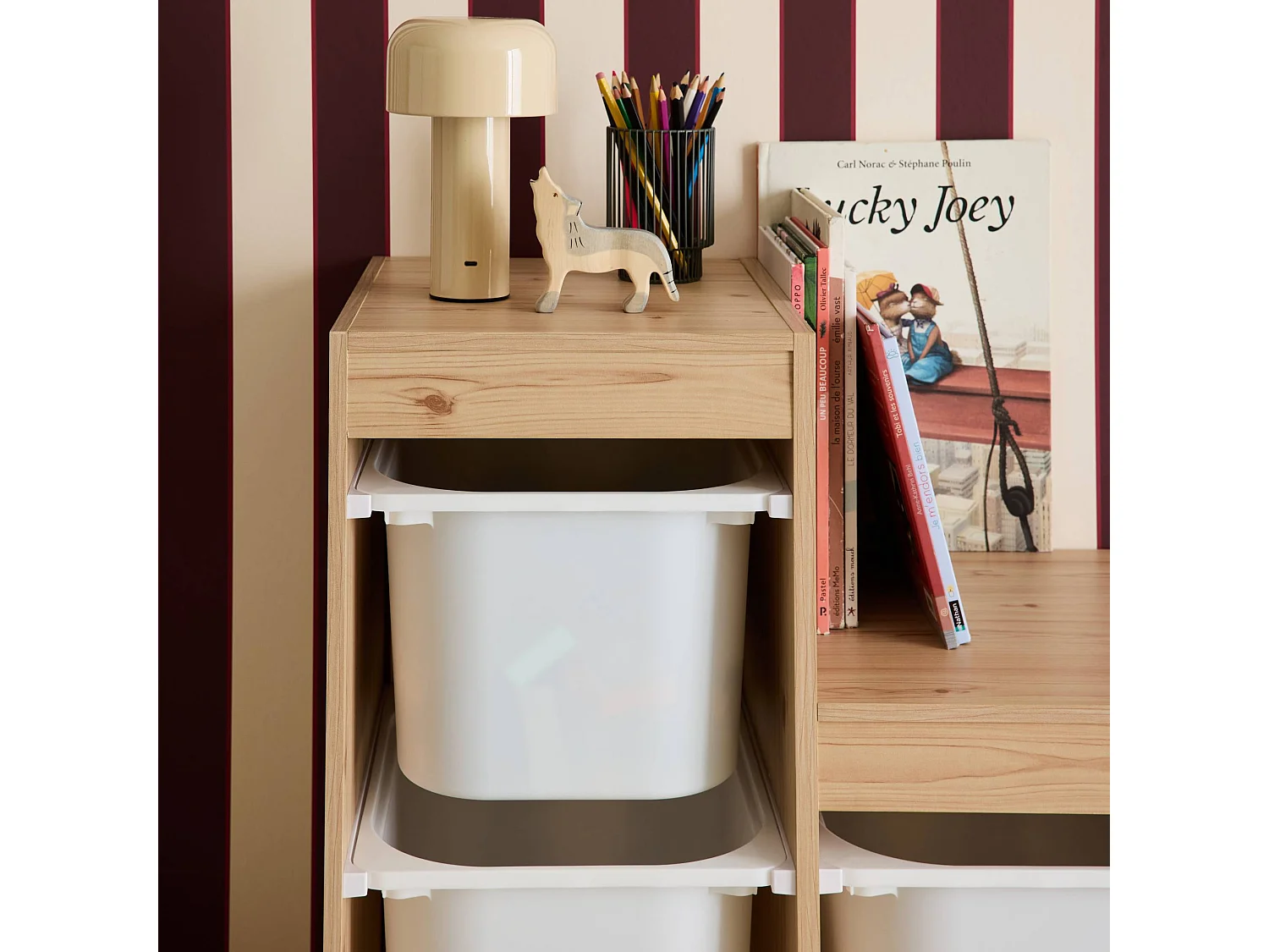 Meuble de rangement enfant escalier 6 bacs de rangement décor bois naturel - Sora