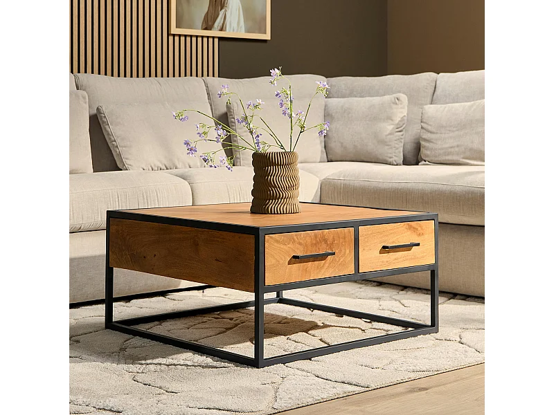 Table basse carrée en bois clair 4 tiroirs RIVANO