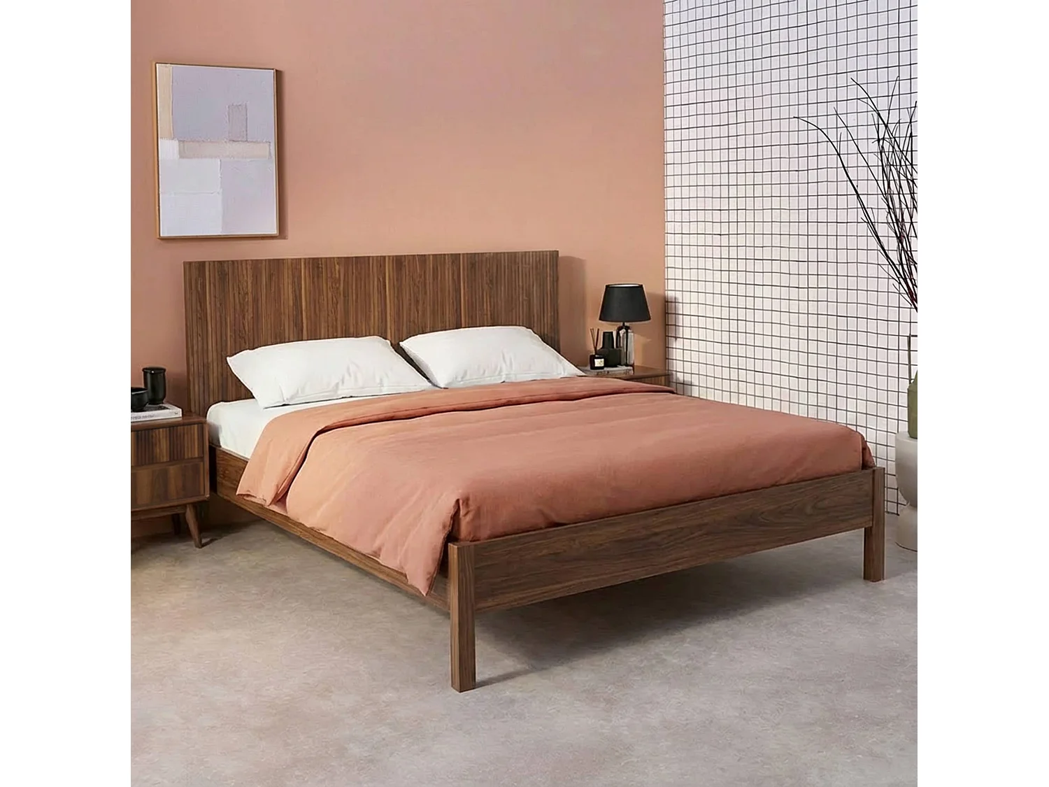 Letto con rete a doghe e testiera 200cm decorazione legno, noce