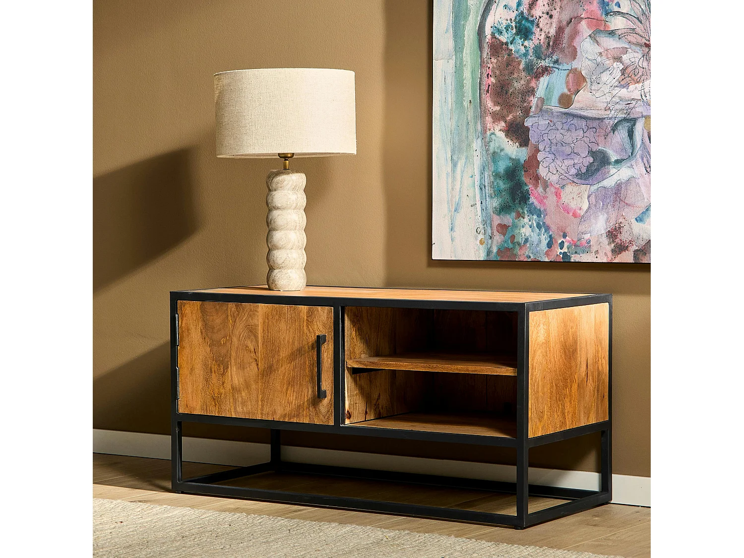 Petit meuble TV en bois clair avec rangement RIVANO