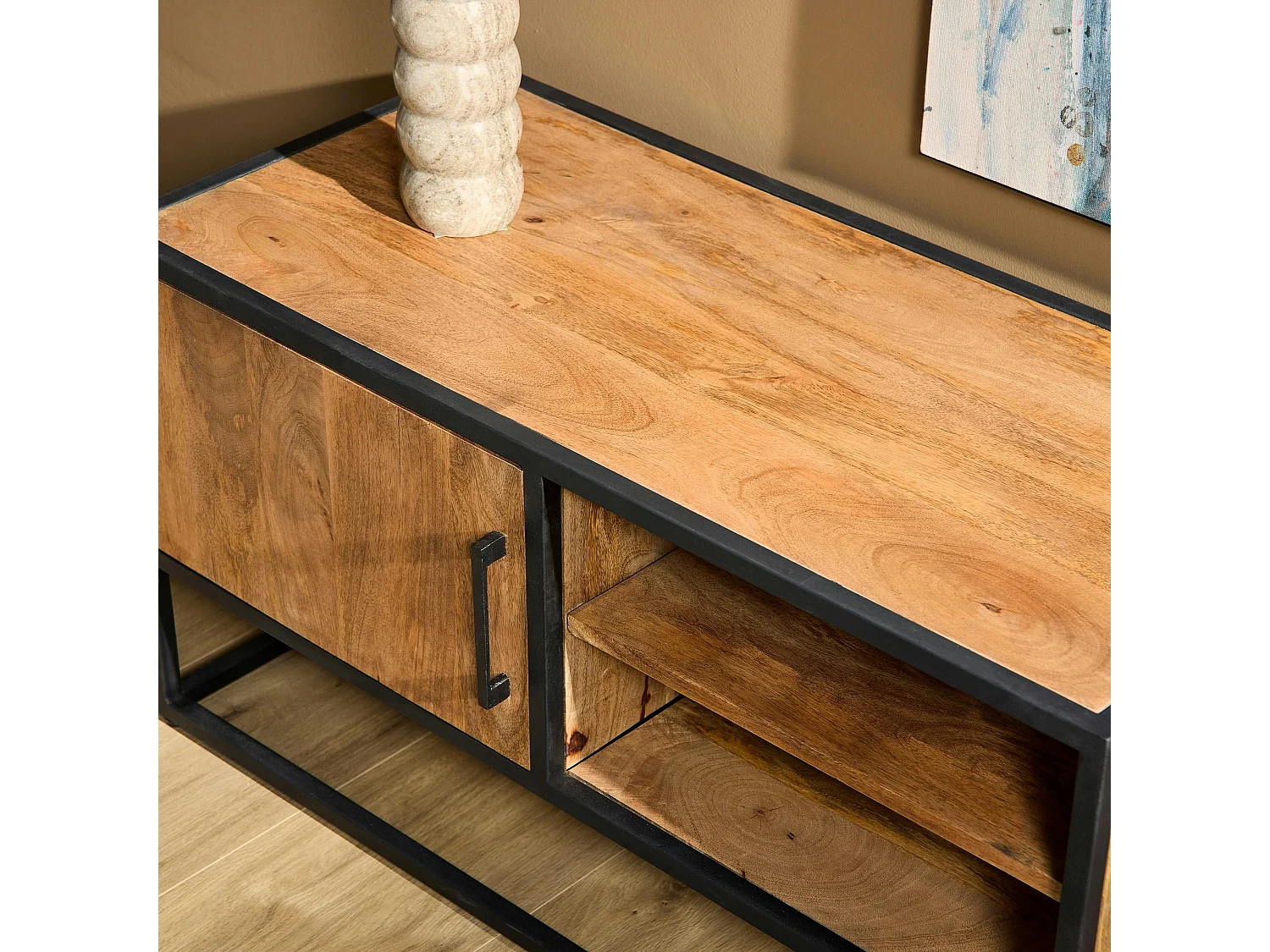 Petit meuble TV en bois clair avec rangement RIVANO